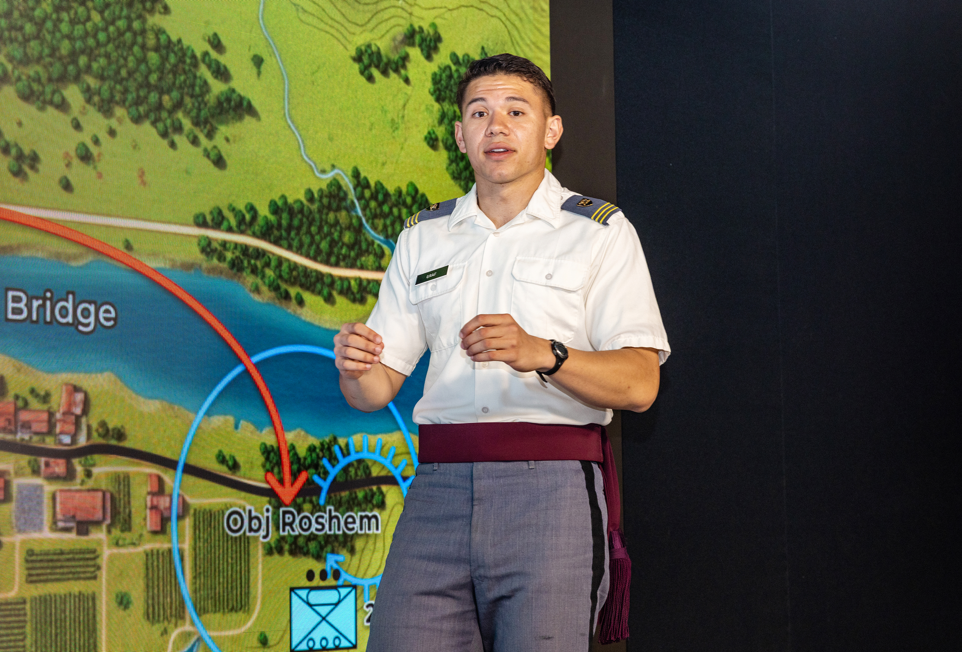 Class of 2026 Cadets Boston Graf, Maksymilian Olszowka and Elizabeth “Ezra” Bardales labored on a capstone project, a philosophy-centric venture as part of the Department Law and Philosophy, focusing on the “Training Ethical Employment of Lethal Autonomous Weapons Systems,” or TEELAWS.  (Photo by Eric S. Bartelt/USMA PAO-VI)