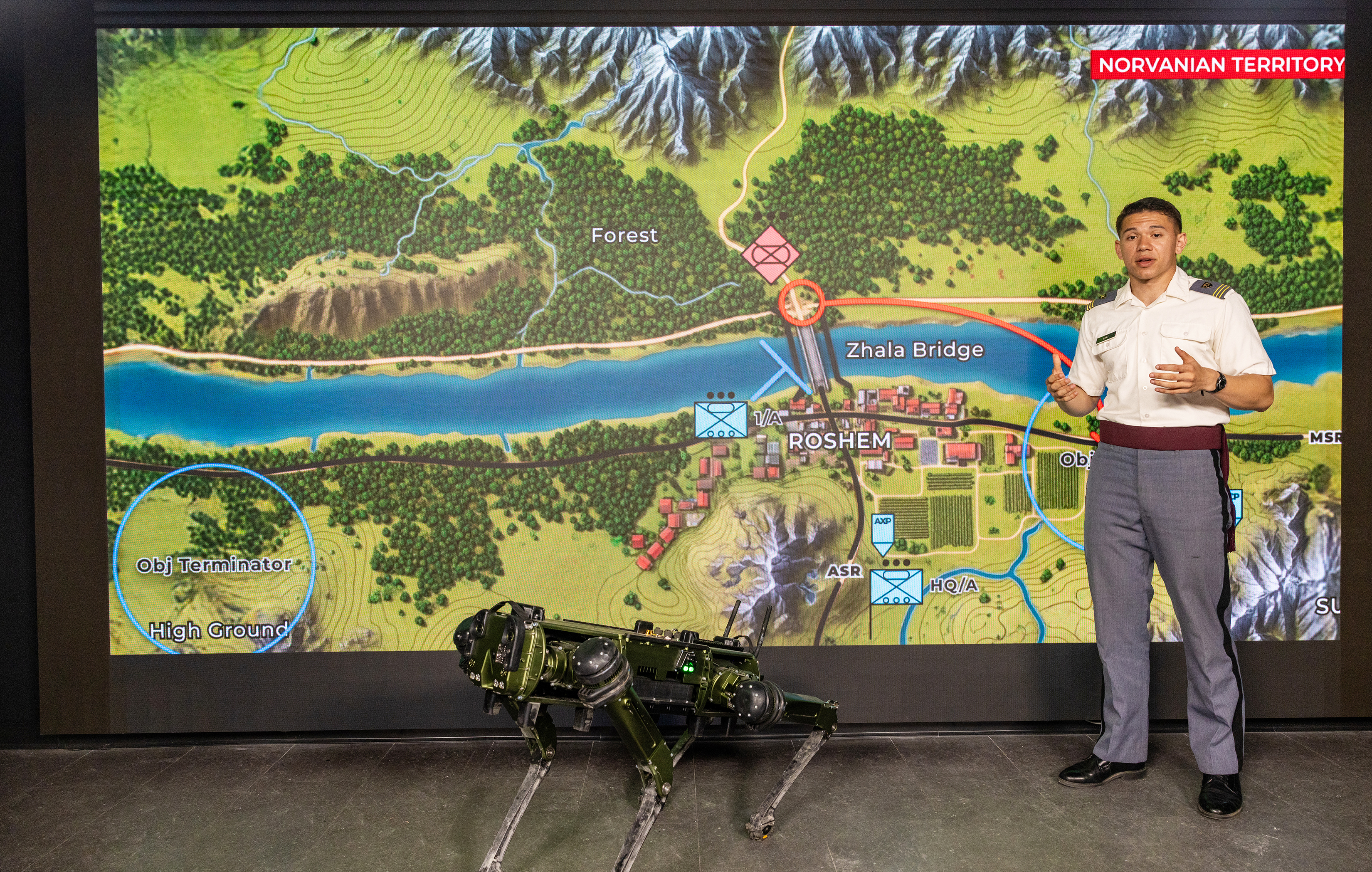 Class of 2026 Cadets Boston Graf, Maksymilian Olszowka and Elizabeth “Ezra” Bardales labored on a capstone project, a philosophy-centric venture as part of the Department Law and Philosophy, focusing on the “Training Ethical Employment of Lethal Autonomous Weapons Systems,” or TEELAWS.  (Photo by Eric S. Bartelt/USMA PAO-VI)