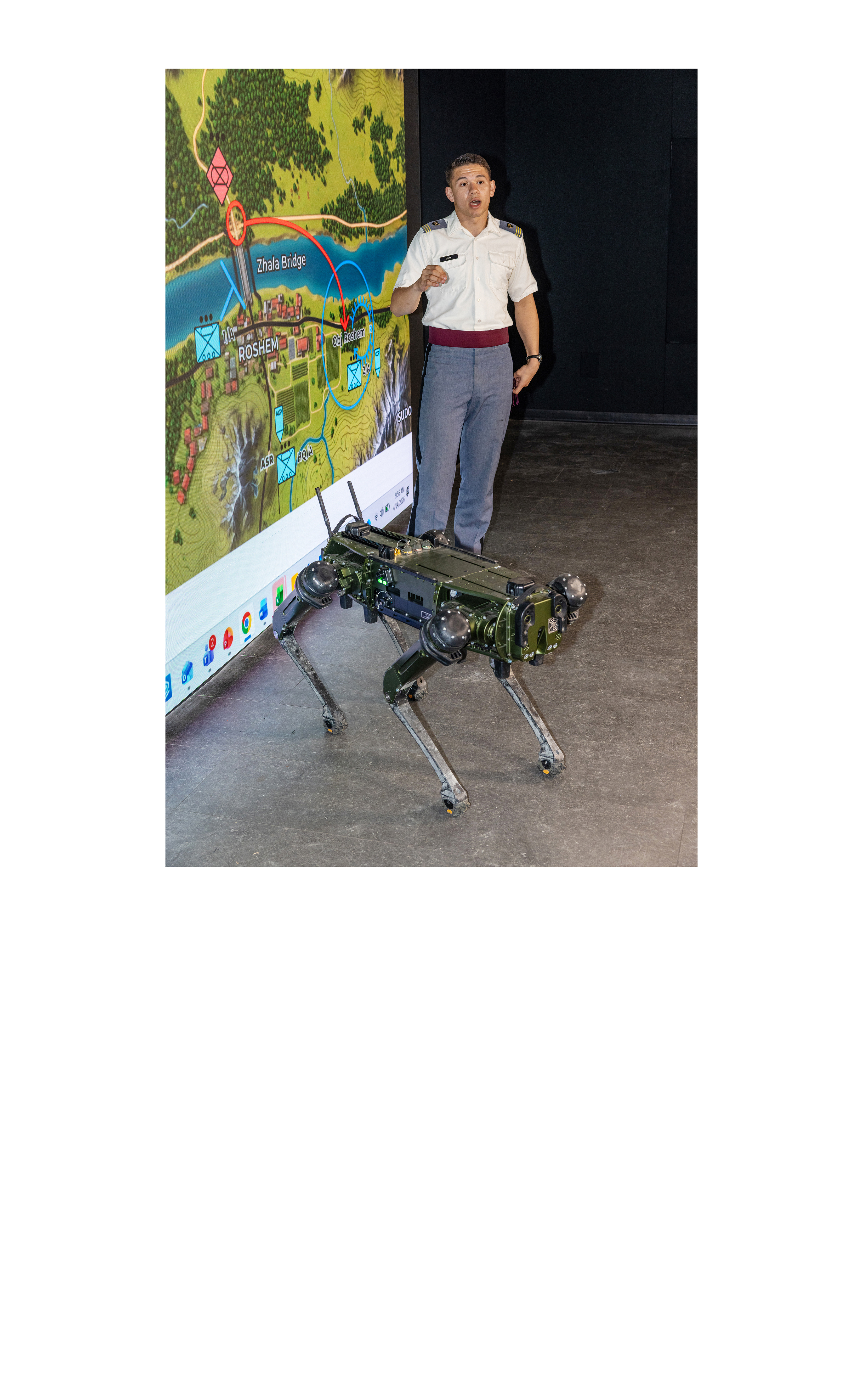 Class of 2026 Cadets Boston Graf, Maksymilian Olszowka and Elizabeth “Ezra” Bardales labored on a capstone project, a philosophy-centric venture as part of the Department Law and Philosophy, focusing on the “Training Ethical Employment of Lethal Autonomous Weapons Systems,” or TEELAWS.  (Photo by Eric S. Bartelt/USMA PAO-VI)