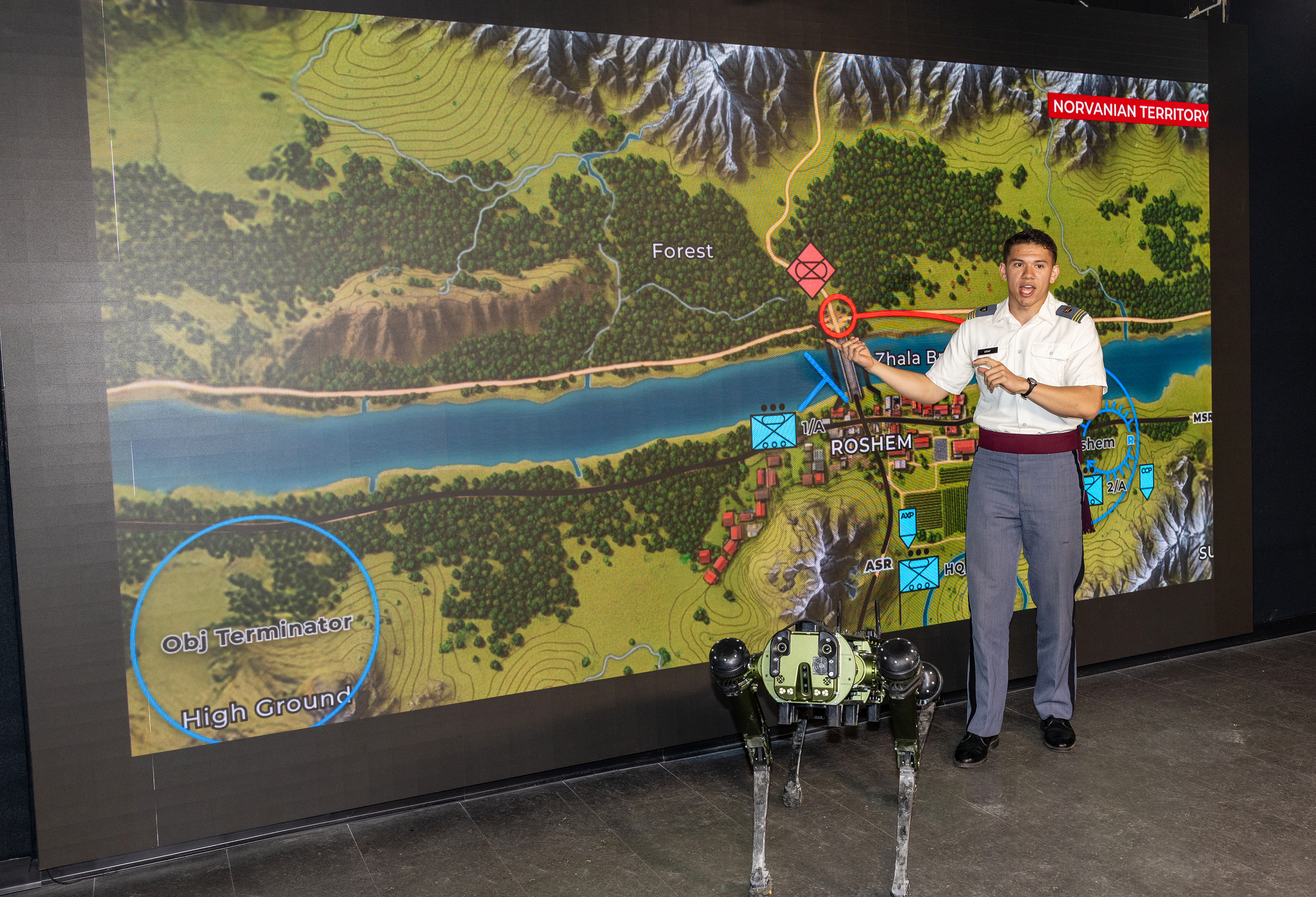 Class of 2026 Cadets Boston Graf, Maksymilian Olszowka and Elizabeth “Ezra” Bardales labored on a capstone project, a philosophy-centric venture as part of the Department Law and Philosophy, focusing on the “Training Ethical Employment of Lethal Autonomous Weapons Systems,” or TEELAWS.  (Photo by Eric S. Bartelt/USMA PAO-VI)