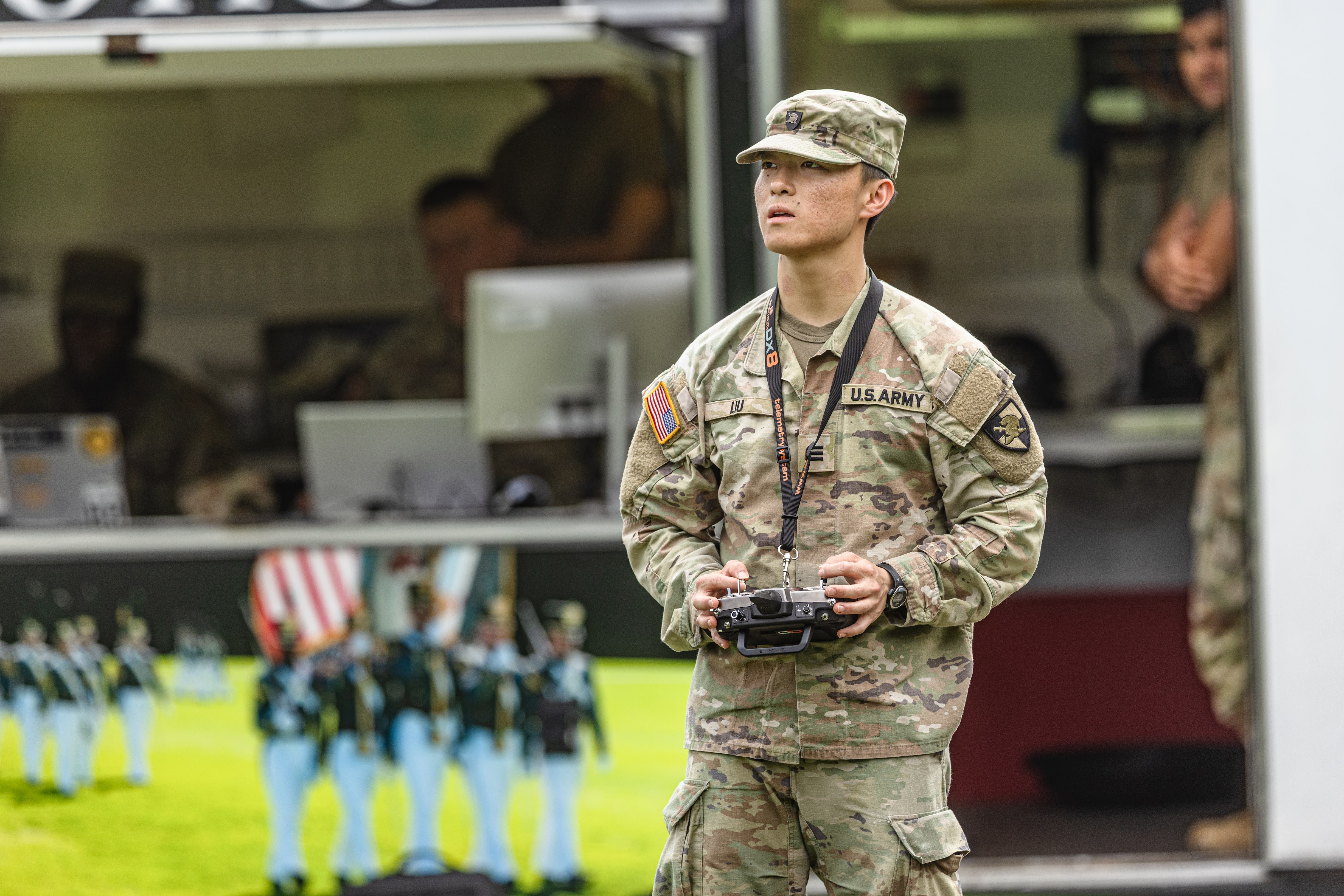 Team Swarm Troopers gathered at South Dock to assess their drones as they performed aerial tests to determine their effectiveness with mine detection, among other aspects, April 15 at the U.S. Military Academy.  (Photo by Jorge Garcia/USMA PAO-VI)