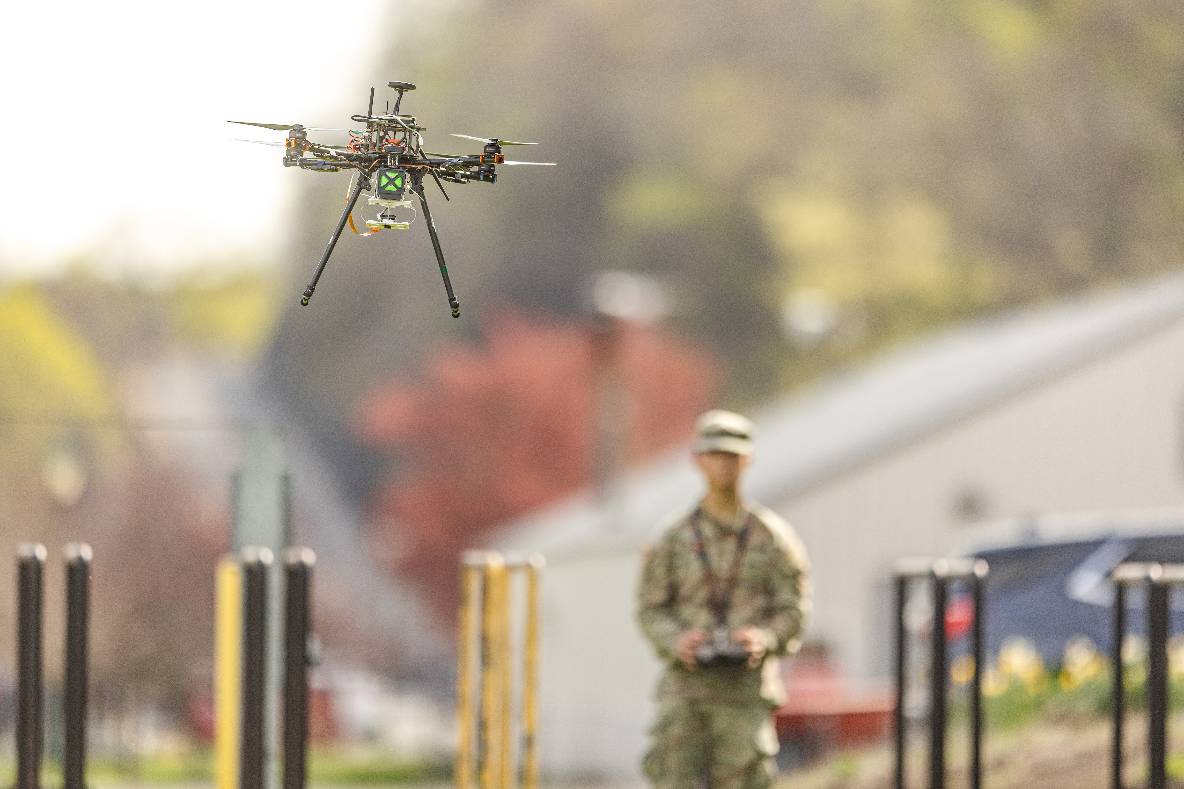 Team Swarm Troopers gathered at South Dock to assess their drones as they performed aerial tests to determine their effectiveness with mine detection, among other aspects, April 15 at the U.S. Military Academy.  (Photo by Jorge Garcia/USMA PAO-VI)