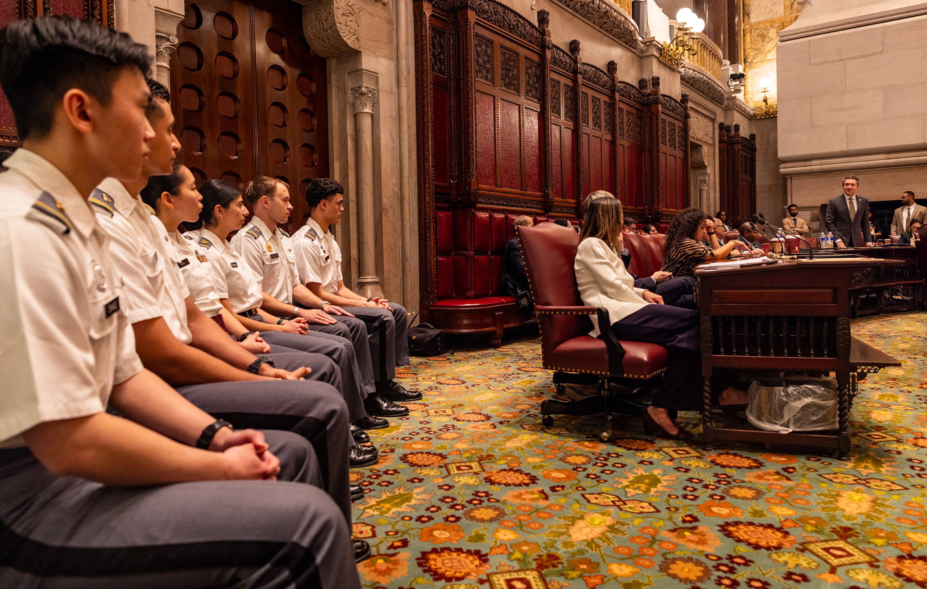 The New York Legislature welcomed cadets and leadership from the U.S. Military Academy during the 74th annual West Point Day in Albany on March 19 at the State Capitol Building in Albany, New York. Col. Daniel R. Stuewe, U.S. Army Garrison West Point commander, led the delegation of officers, noncommissioned officers, DOD civilians, the cadet first captain and 11 local cadets to accept the New York State Legislature’s resolution proclamation. (Photo by Eric S. Bartelt/USMA PAO-VI)
