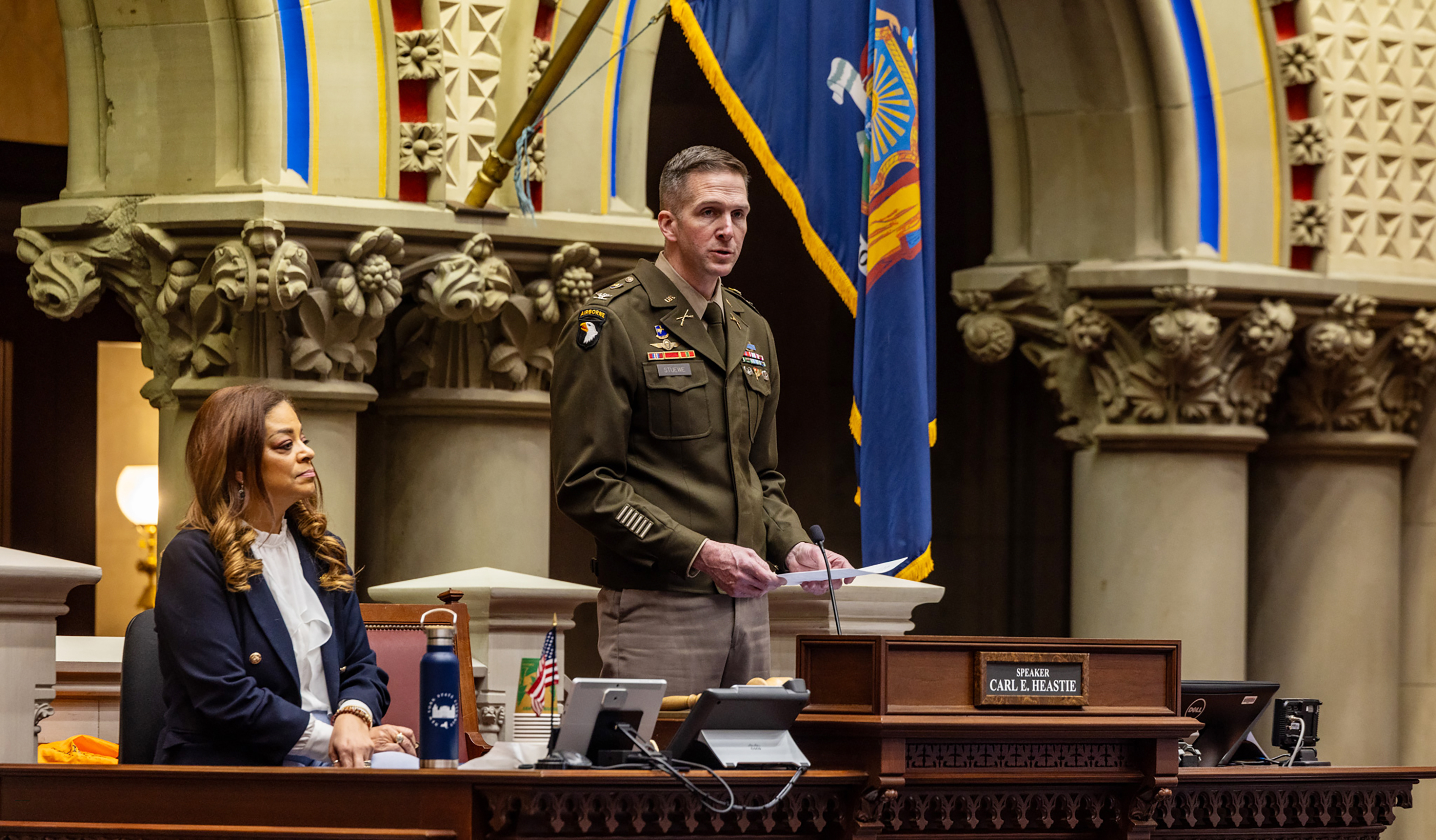 The New York Legislature welcomed cadets and leadership from the U.S. Military Academy during the 74th annual West Point Day in Albany on March 19 at the State Capitol Building in Albany, New York. Col. Daniel R. Stuewe, U.S. Army Garrison West Point commander, led the delegation of officers, noncommissioned officers, DOD civilians, the cadet first captain and 11 local cadets to accept the New York State Legislature’s resolution proclamation. (Photo by Eric S. Bartelt/USMA PAO-VI)