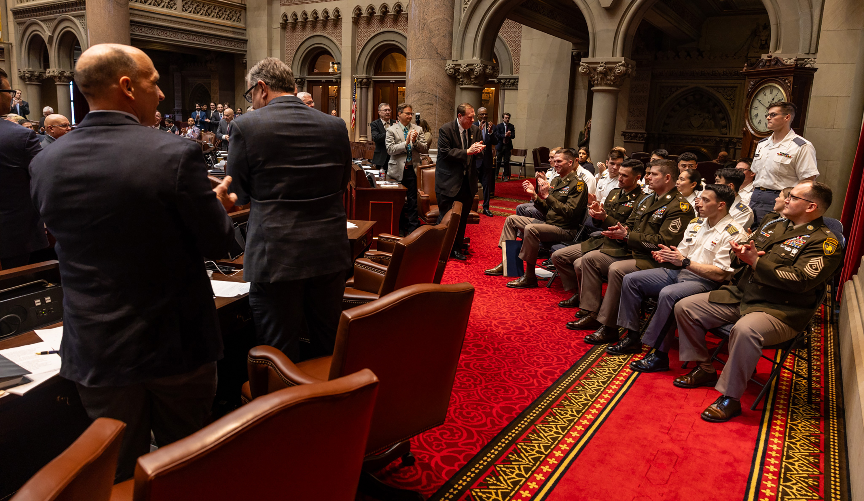 The New York Legislature welcomed cadets and leadership from the U.S. Military Academy during the 74th annual West Point Day in Albany on March 19 at the State Capitol Building in Albany, New York. Col. Daniel R. Stuewe, U.S. Army Garrison West Point commander, led the delegation of officers, noncommissioned officers, DOD civilians, the cadet first captain and 11 local cadets to accept the New York State Legislature’s resolution proclamation. (Photo by Eric S. Bartelt/USMA PAO-VI)