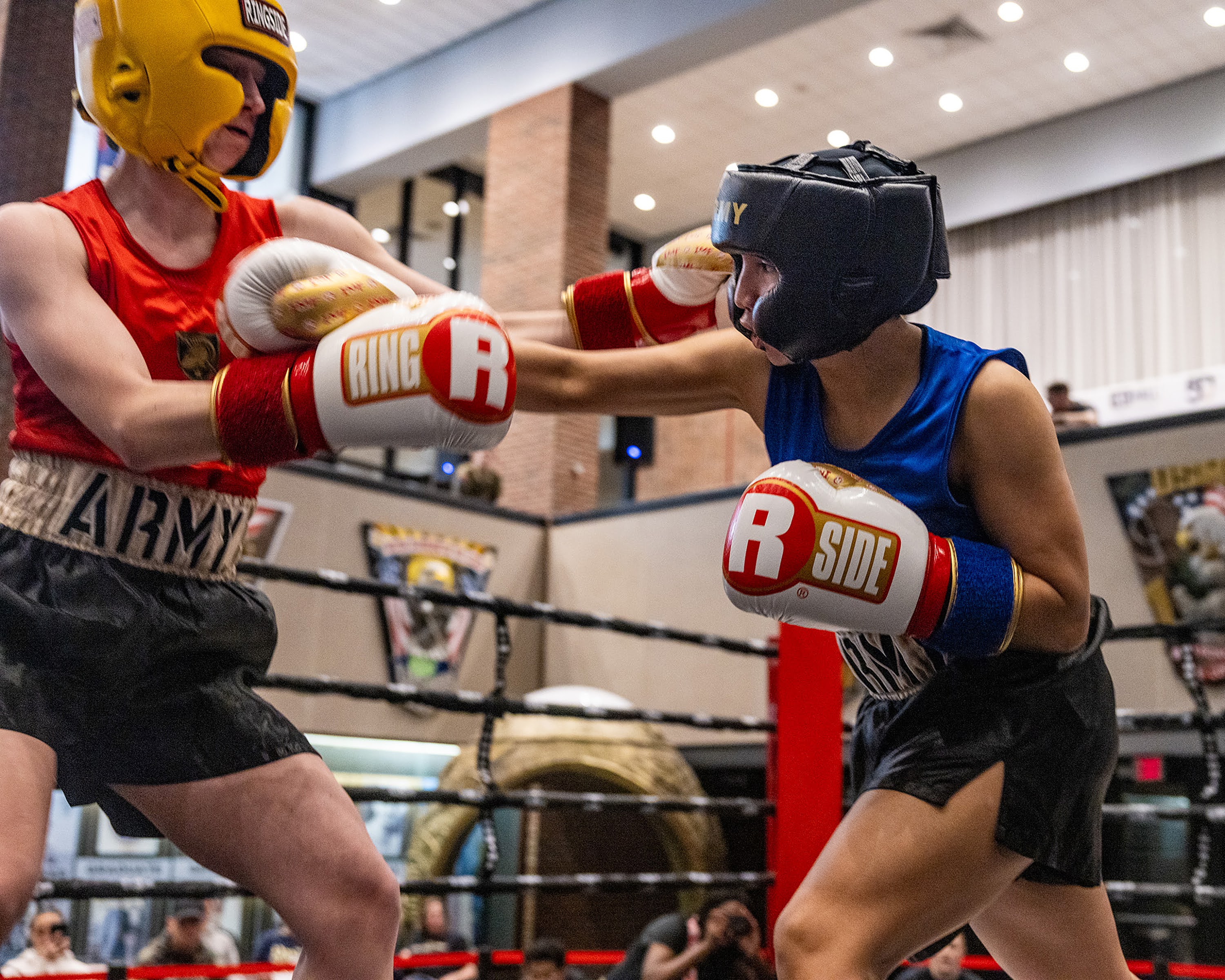 The U.S. Military Academy hosted the 70th annual Brigade Boxing Open Finals on Feb. 20 at Crest Hall.  There were 10 bouts on the evening, incuding seven men's bouts and three women's fights. Overall, there were 18 BBO winners with the other fights happening the previous day.  There were eight new BBO champions and 10 champions who now won multiple BBO titles.  (Photo by Eric S. Bartelt / USMA PAO-VI)