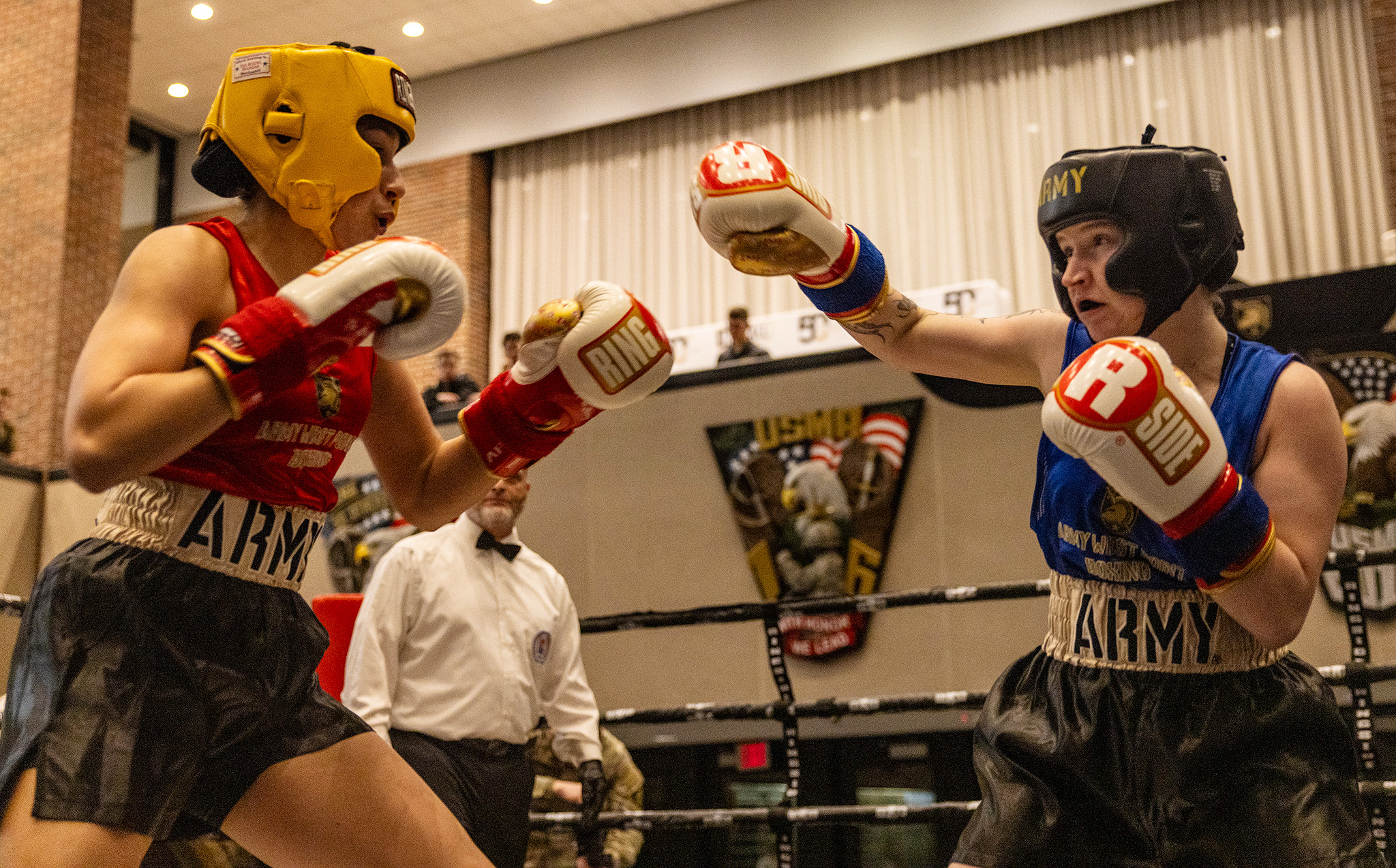 The U.S. Military Academy hosted the 70th annual Brigade Boxing Open Finals on Feb. 20 at Crest Hall.  There were 10 bouts on the evening, incuding seven men's bouts and three women's fights. Overall, there were 18 BBO winners with the other fights happening the previous day.  There were eight new BBO champions and 10 champions who now won multiple BBO titles.  (Photo by Eric S. Bartelt / USMA PAO-VI)