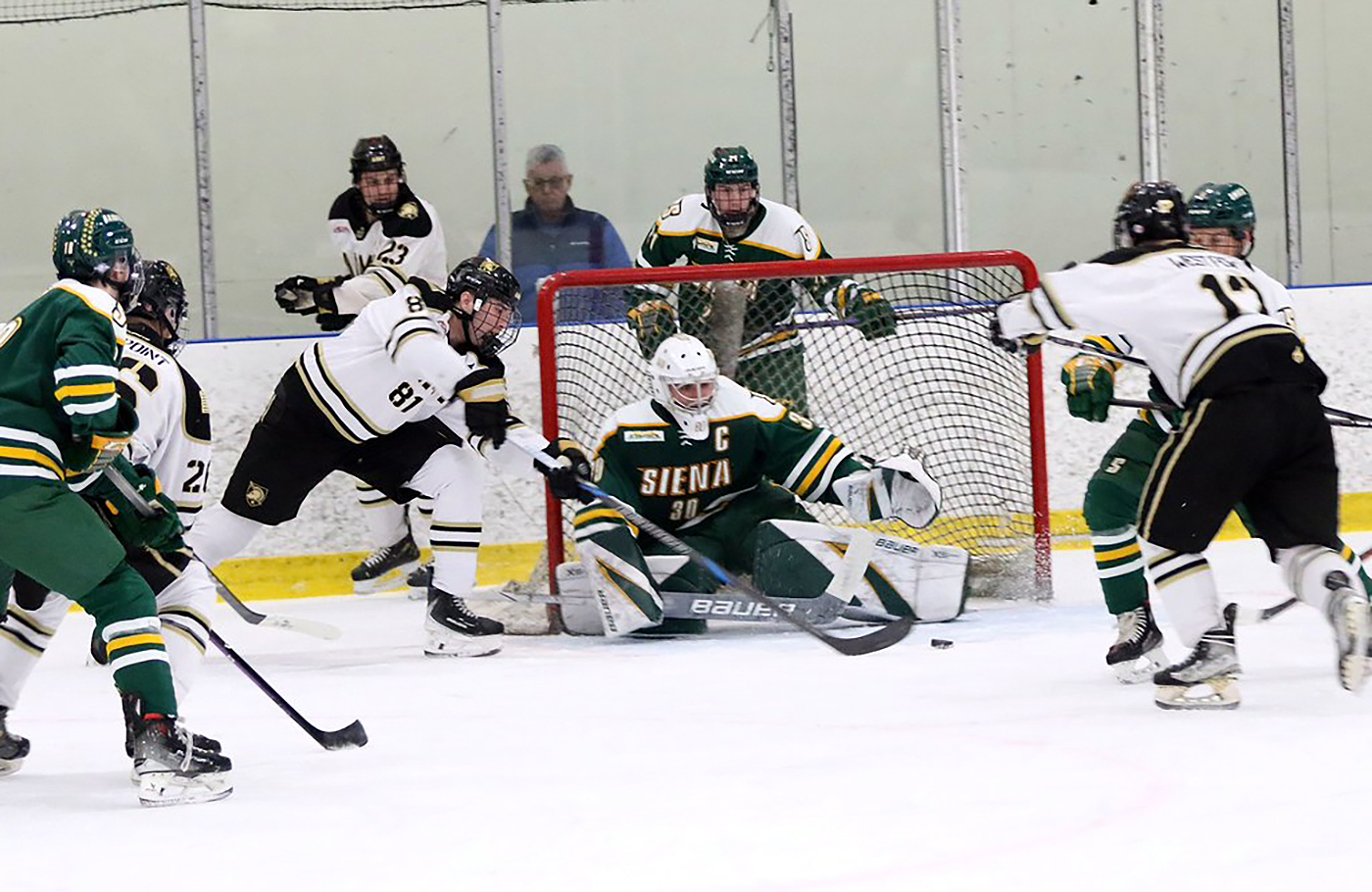 Army West Point Men’s Club Hockey completed its journey to return to St. Louis and reached the American Collegiate Hockey Association (ACHA) National Championship playoffs for a third consecutive season with two victories on Feb. 21-22 at the International Skating Center in Simsbury, Conn.  (Photo provided by Army West Point Club Hockey)
