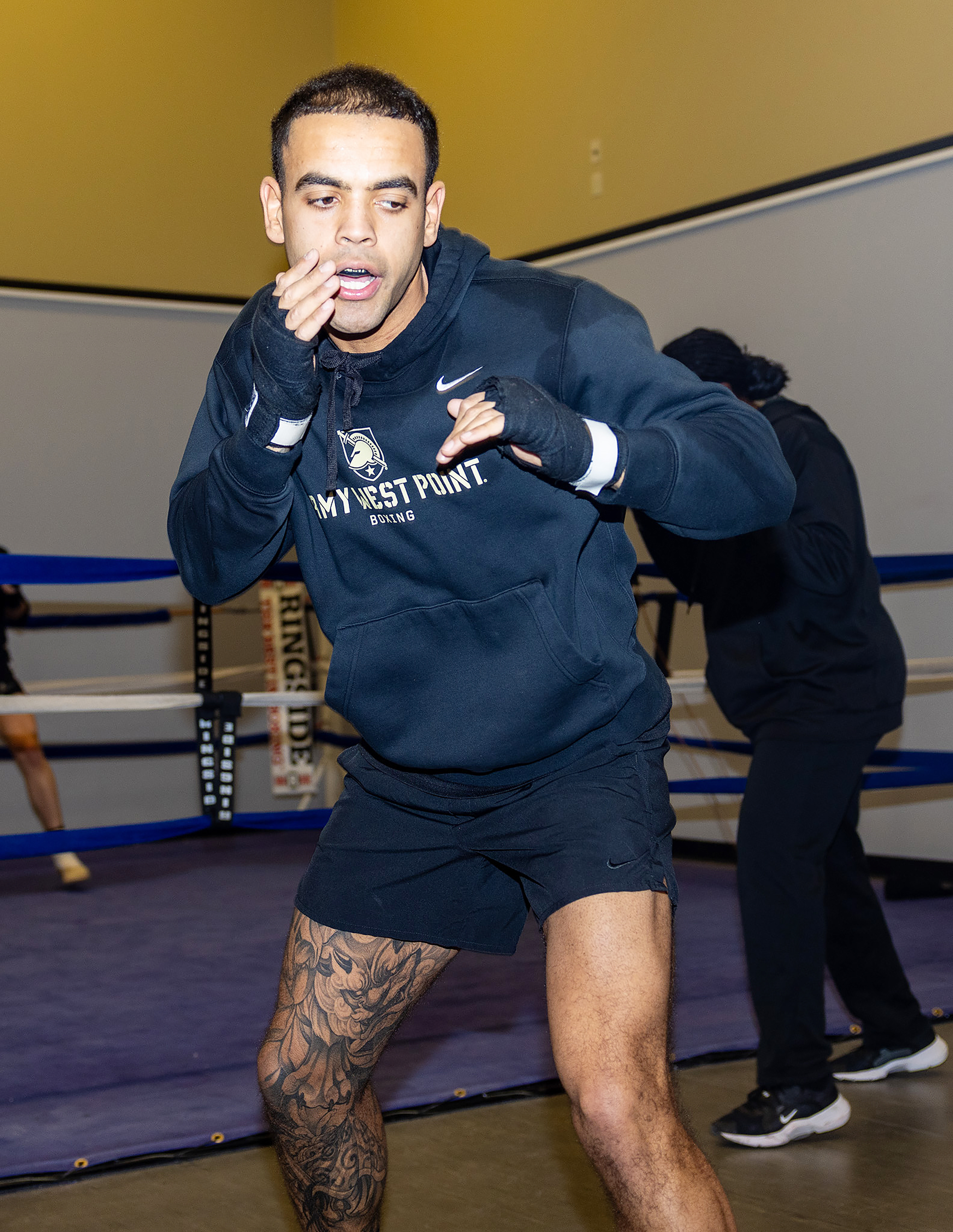 U.S. Military Academy Class of 2026 Cadet and Army West Point Boxing Team Captain Elijah Gates, the journey to earning his first Brigade Boxing Open (BBO) title on Feb. 20 was not easy. His path to this moment began three years before he was accepted to the academy. However, he earned  his first BBO title and now is looking for the national championship title at 165 pounds.  (Photo by Eric S. Bartelt/USMA PAO-VI)
