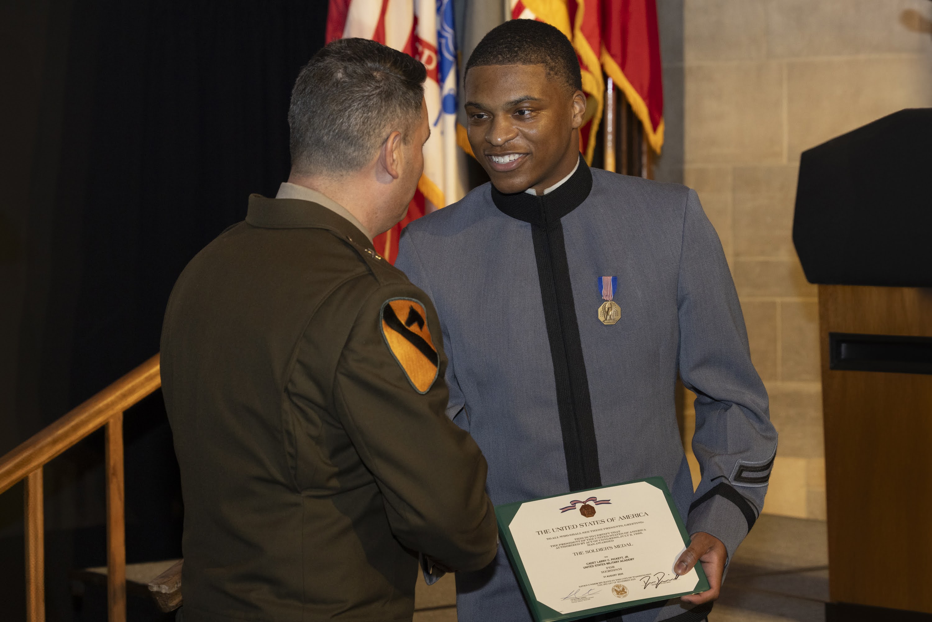Family, friends and cadets gathered at the Mess Hall for the annual Founder’s Day Dinner to commemorate the founding of West Point in 1802, the legacy of the Long Gray Line and to acknowledge Class of 2028 Cadet Larry Pickett, who received the Soldier’s Medal, a prestigious U.S. Army decoration awarded to distinguished service members who commit voluntary acts of heroism during a crisis, March 12, at the U.S. Military Academy.  (Photo by Kyle Osterhoudt/USMA PAO-VI)