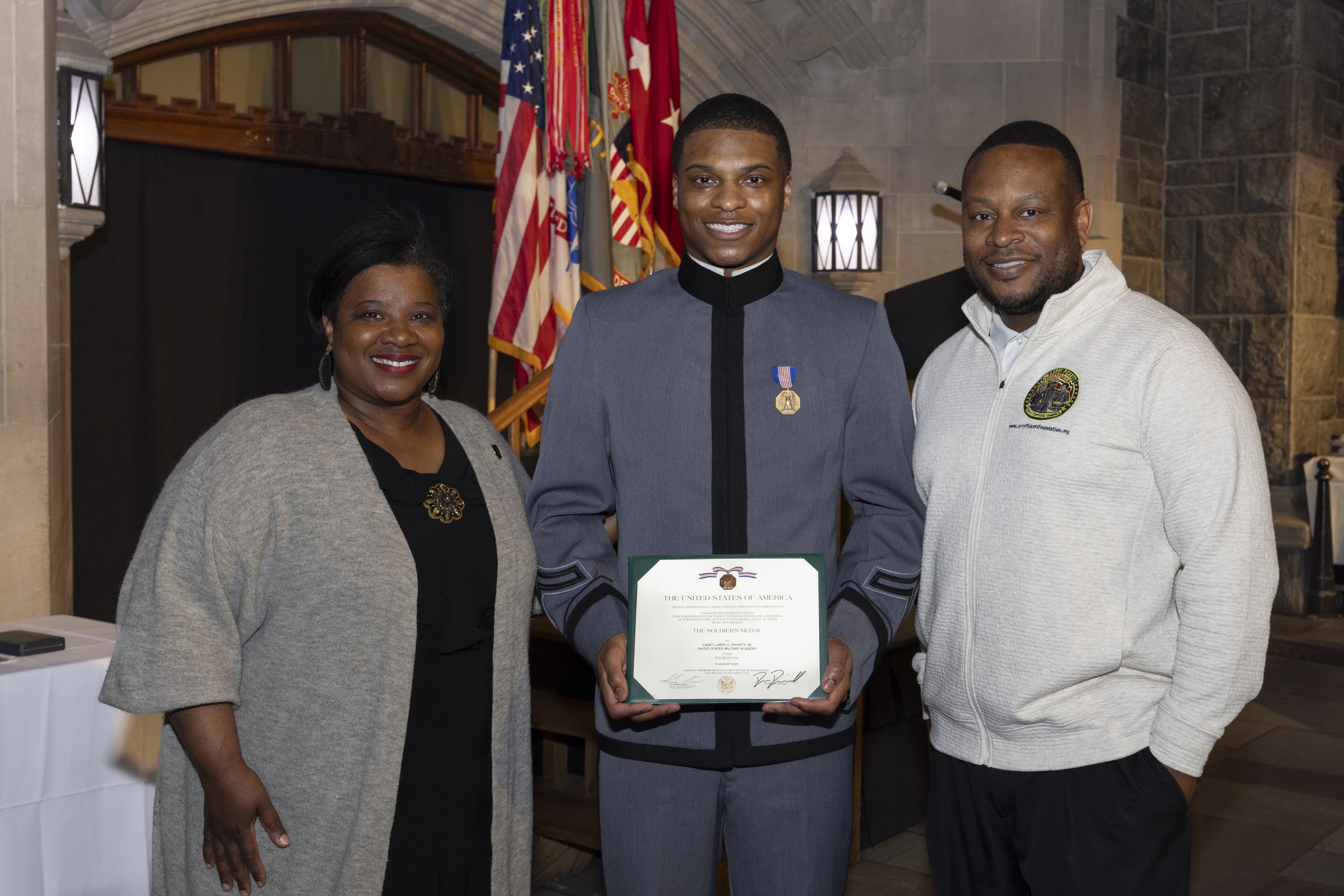 Family, friends and cadets gathered at the Mess Hall for the annual Founder’s Day Dinner to commemorate the founding of West Point in 1802, the legacy of the Long Gray Line and to acknowledge Class of 2028 Cadet Larry Pickett, who received the Soldier’s Medal, a prestigious U.S. Army decoration awarded to distinguished service members who commit voluntary acts of heroism during a crisis, March 12, at the U.S. Military Academy.  (Photo by Kyle Osterhoudt/USMA PAO-VI)