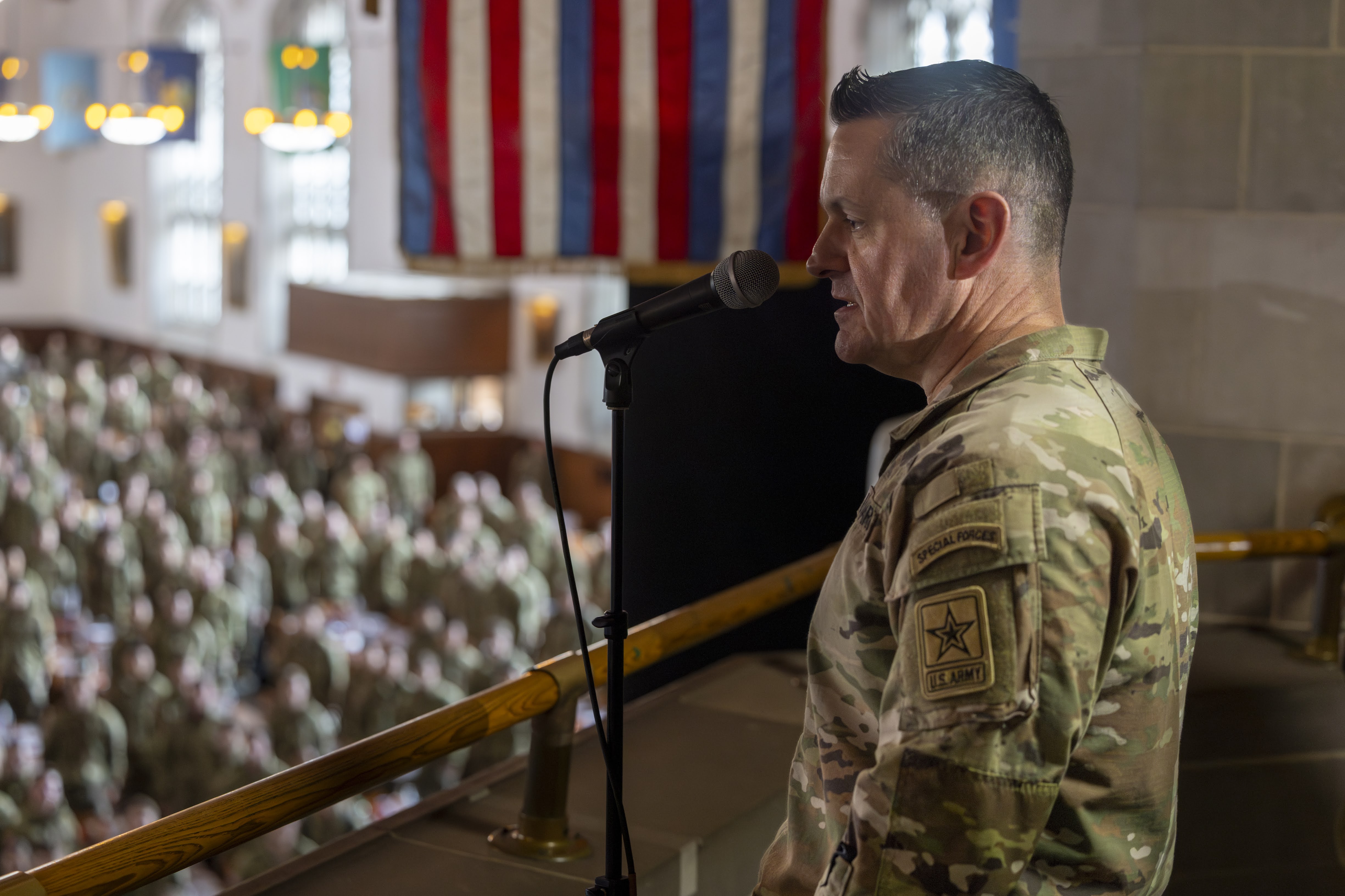 Sgt. Maj. of the Army Michael R. Weimer visited the U.S. Military Academy on Feb. 25 and held a town hall with USMA NCOs, before spending time engaging with cadets at several locations.   (Photo by Christopher Hennen/USMA PAO-VI)