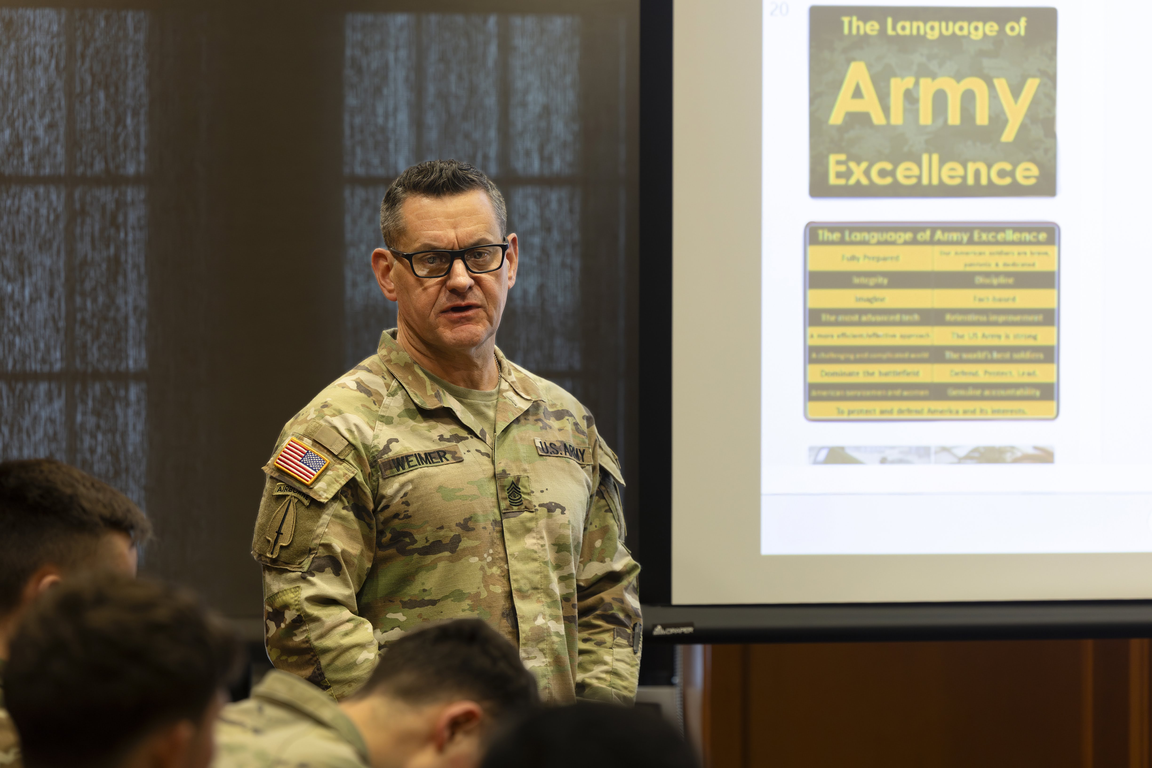 Sgt. Maj. of the Army Michael R. Weimer visited the U.S. Military Academy on Feb. 25 and held a town hall with USMA NCOs, before spending time engaging with cadets at several locations.   (Photo by Christopher Hennen/USMA PAO-VI)