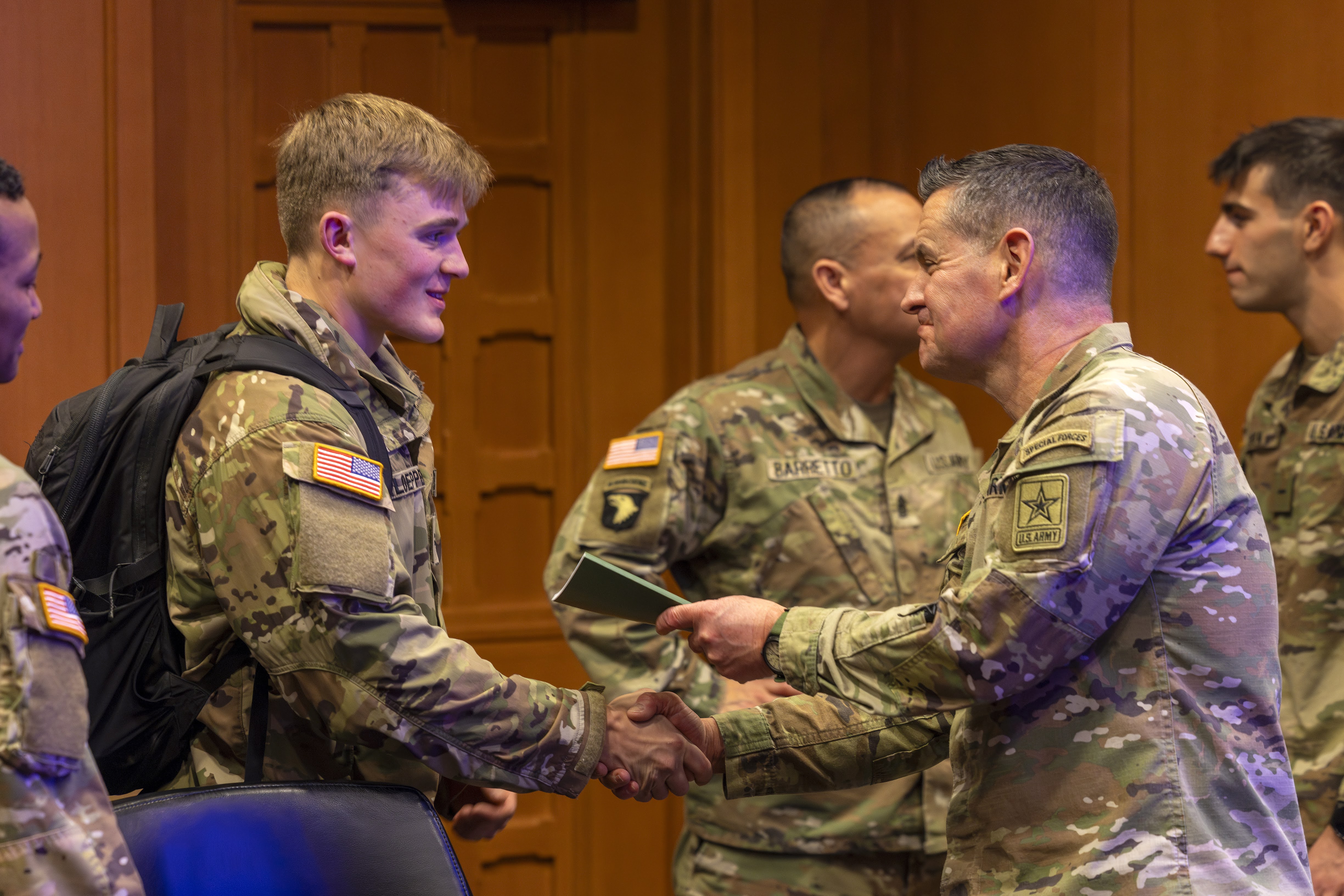 Sgt. Maj. of the Army Michael R. Weimer visited the U.S. Military Academy on Feb. 25 and held a town hall with USMA NCOs, before spending time engaging with cadets at several locations.   (Photo by Christopher Hennen/USMA PAO-VI)