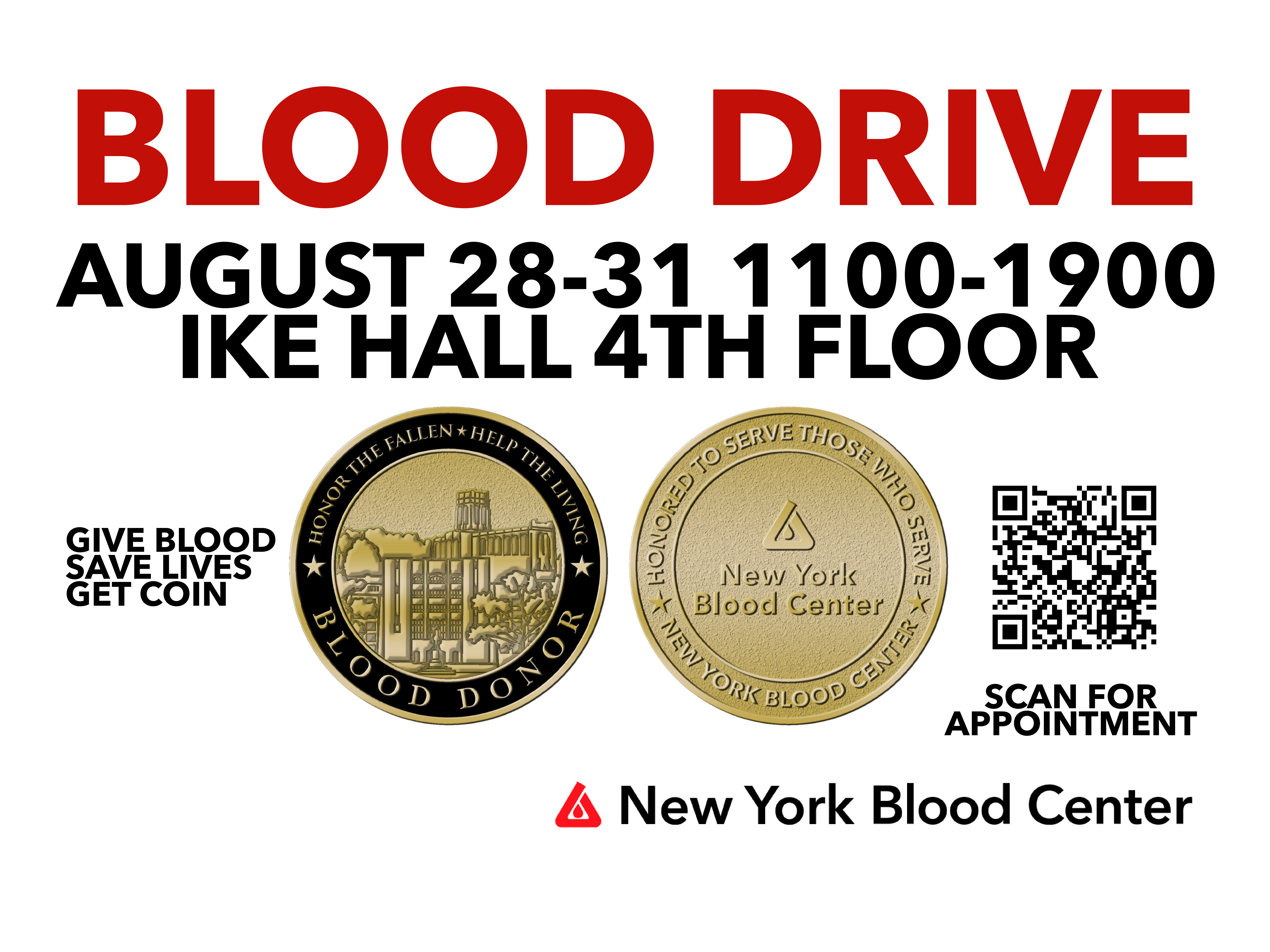 The U.S. Military Academy will host a blood drive to support the New York Blood Center from Aug. 28-31 between 11:00 a.m.-7:00 p.m. at Eisenhower Hall. 