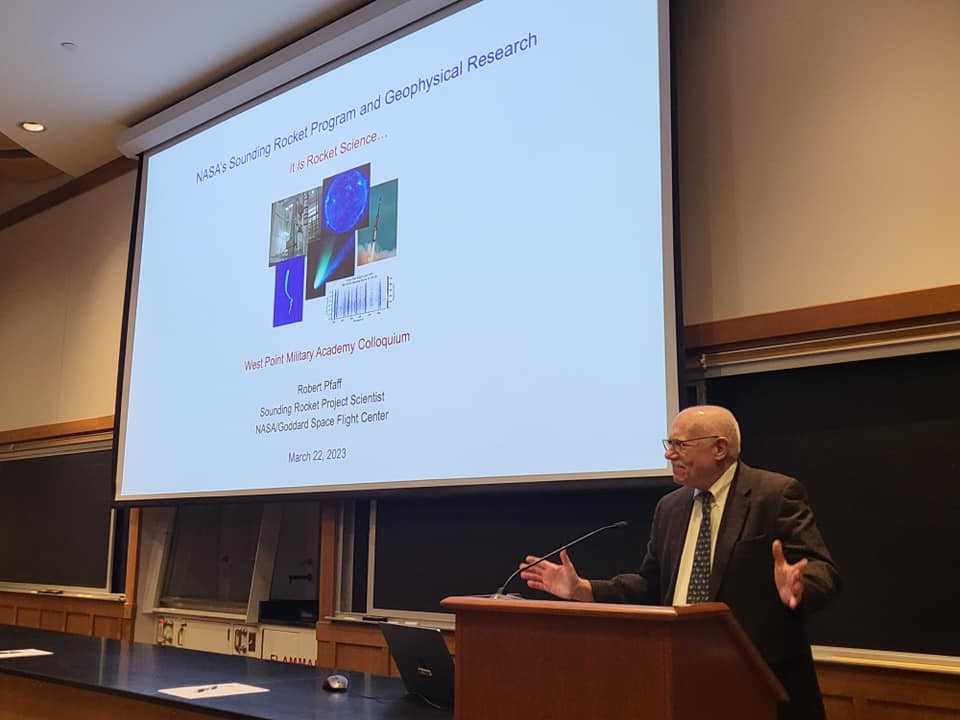 Dr. Robert Pfaff, a NASA program scientist for sounding rockets, visited West Point, on March 22, with his colleague Mr. Joshua Yacobucci, a NASA technology manager, to provide insight, observe Bolt's presentation of the project, and guide the team in jumpstarting the program. Photo by Capt. Nicholas Deschenes.