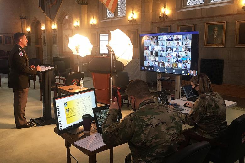 The McDonald Conference for Leaders of Character (MCLC) Reconnect 2021 event took place March 26 and was conceptualized by the program’s Officer-in-Charge, Maj. Jordan Terry (below), and live-streamed from the Thayer Award Room. Over 45 Student Fellows, consisting of civilian, military, international and former cadets from the 2018 and 2019 MCLC cohorts and hailing from over 10 different countries across the globe, reconvened for small-group discussions, guided reflections and panel engagements focused on