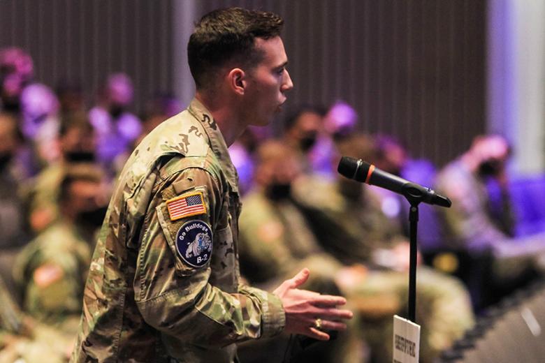 A cadet asks a question of the panel during the Mission Command Conference event at Eisenhower Hall on April 8. 