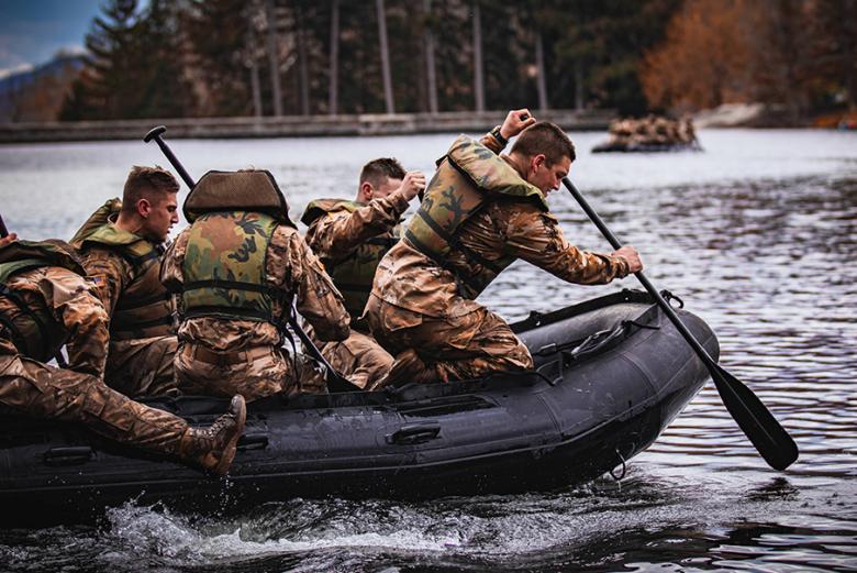 During Sandhurst, 44 teams representing four U.S. service academies, including 25 USMA teams, and 16 ROTC programs competed against one another in a variety of military-related events, including a log carry during the Crucible Challenge and Zodiac course on Lusk Reservoir (above).   (Photo by Class of 2023 Cadet Tyler Williams) 