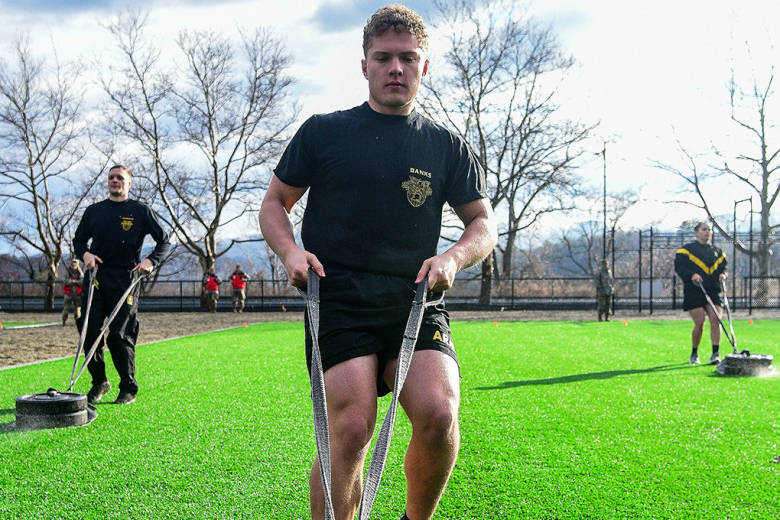 Class of 2024 Cadet Elijah Banks, Company G-2, from Chicago, conducts the sprint/drag/carry during an Army Combat Fitness Test on Saturday. 