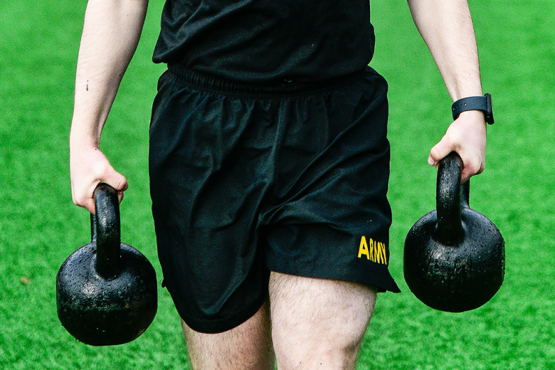 Class of 2024 Cadet William Baker, Company I-2, from Bristol, Va., conducts the sprint/drag/carry during an Army Combat Fitness Test on Saturday. The Army revised the fitness test, which incorporated new scoring scales, updated test events and implemented timelines that allow Soldiers to train for a minimum of six months before taking the test for the record. 