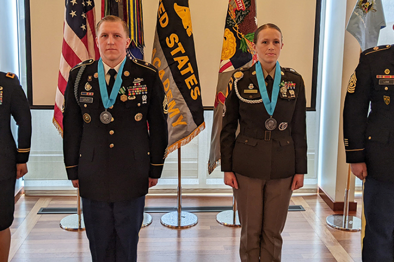 Sgts. 1st Class Zachary Utley (second from the left) and Megan Spurlock (second from the right) were inducted into the Sergeant Audie Murphy Club during a ceremony Friday in the Haig Room. Utley, from Canby, Ore., is an Infantry Soldier and instructor with the U.S. Military Academy’s Department of Military Instruction. Spurlock, from Riverside, Calif., is the career counselor for at the U.S. Military Academy. 