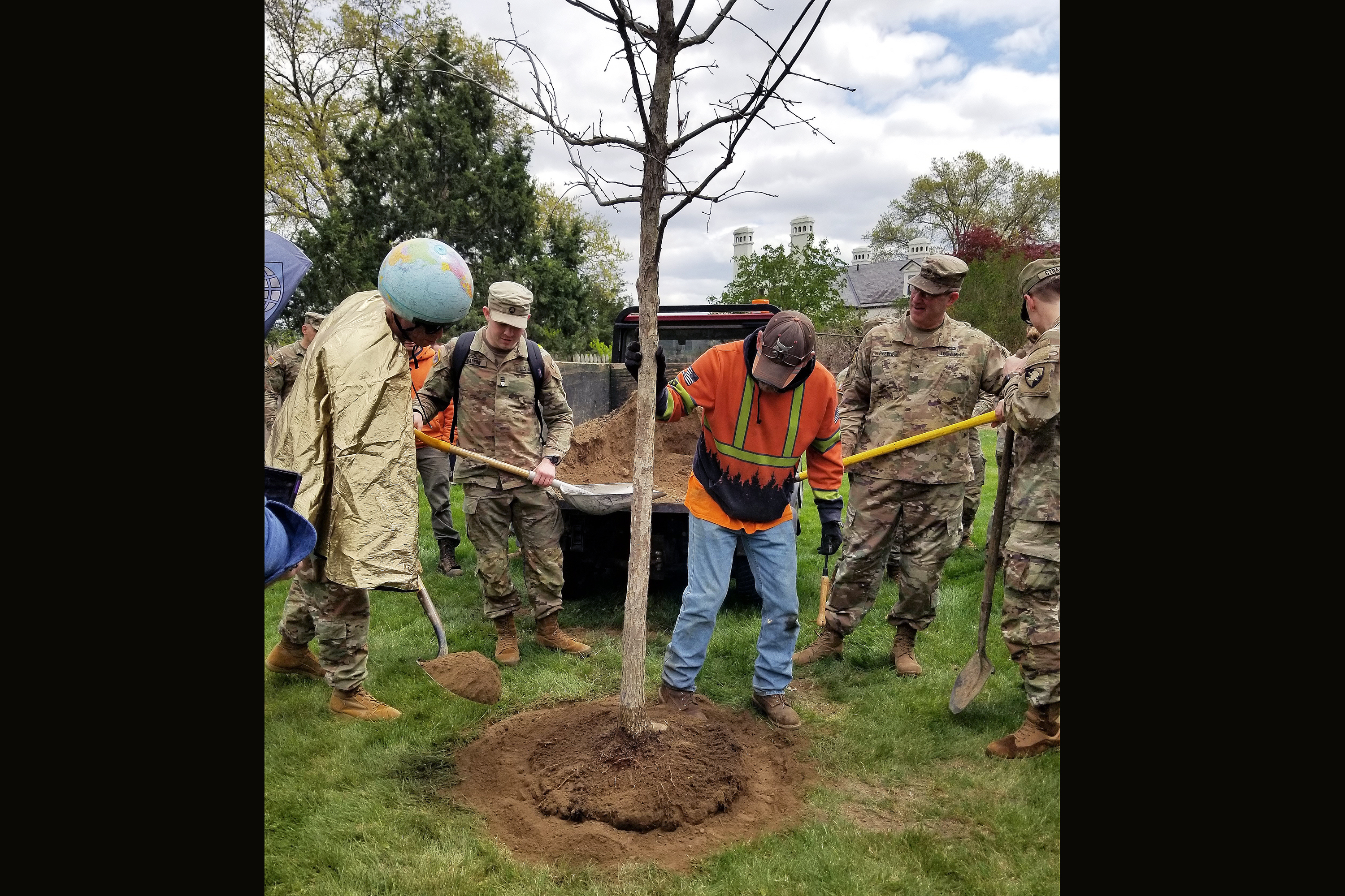 The West Point Directorate of Public Works Environmental and Grounds Team and West Point’s Green Team Environmental Club recently celebrated both Arbor and Earth Days by planting a Swamp White Oak tree behind the greenhouse of West Point Superintendent’s house. West Point’s Dean of the Academic Board, Brig. Gen. Shane Reeves, DPW’s Agronomist Phil Koury, Tree and Gardening Supervisor Rich Hawkenberry and Environmental Engineer Sapphira Whigham presented the tree for the Arbor Day celebration.