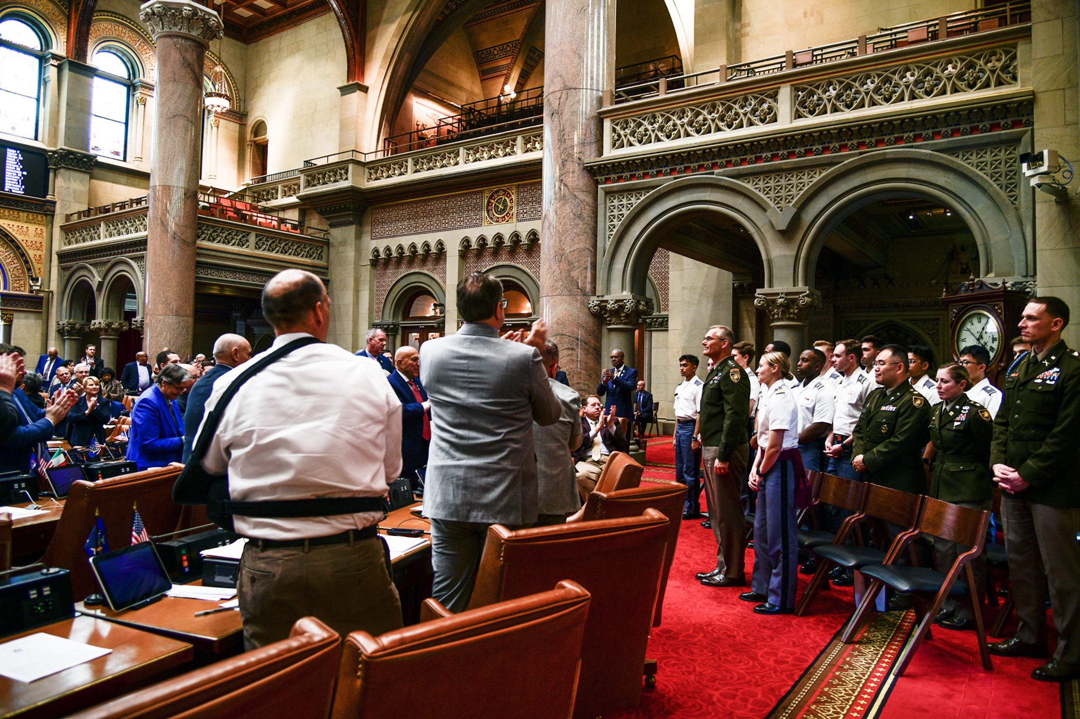 The State of New York honored members of the U.S. Military Academy during the 71st annual West Point Day in Albany on April 24.   The New York State Legislature has conducted this yearly proclamation since 1952.   The attendees included the 61st Superintendent of USMA, Lt. Gen Steven W. Gilland, the Cadet First Captain Lauren Drysdale, USMA staff members, a USMA chaplain and 11 native New York State cadets.   (Photo by Sgt. 1st Class Luisito Brooks/USMA PAO)