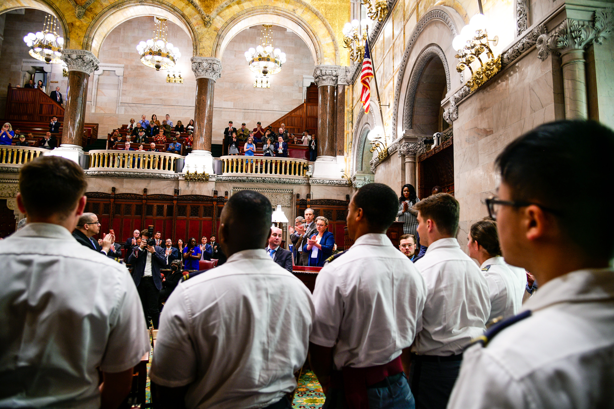 The State of New York honored members of the U.S. Military Academy during the 71st annual West Point Day in Albany on April 24.   The New York State Legislature has conducted this yearly proclamation since 1952.   The attendees included the 61st Superintendent of USMA, Lt. Gen Steven W. Gilland, the Cadet First Captain Lauren Drysdale, USMA staff members, a USMA chaplain and 11 native New York State cadets.   (Photo by Sgt. 1st Class Luisito Brooks/USMA PAO)