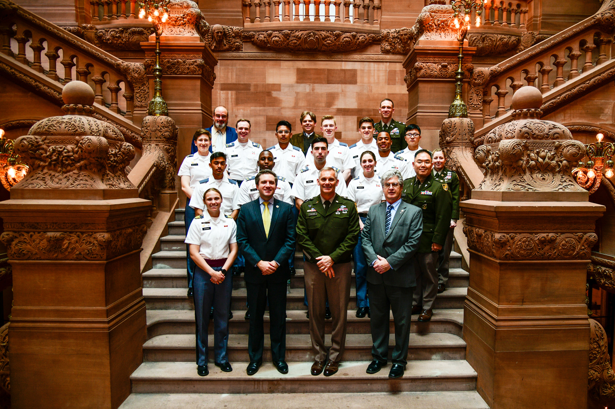 The State of New York honored members of the U.S. Military Academy during the 71st annual West Point Day in Albany on April 24.   The New York State Legislature has conducted this yearly proclamation since 1952.   The attendees included the 61st Superintendent of USMA, Lt. Gen Steven W. Gilland, the Cadet First Captain Lauren Drysdale, USMA staff members, a USMA chaplain and 11 native New York State cadets.   (Photo by Sgt. 1st Class Luisito Brooks/USMA PAO)