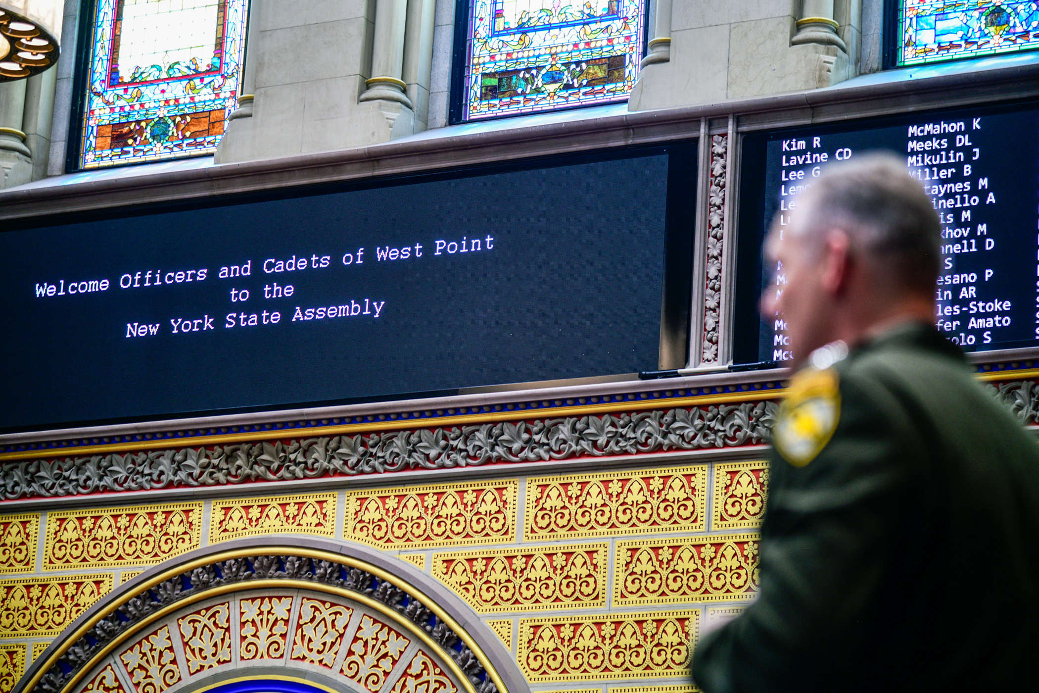 The State of New York honored members of the U.S. Military Academy during the 71st annual West Point Day in Albany on April 24.   The New York State Legislature has conducted this yearly proclamation since 1952.   The attendees included the 61st Superintendent of USMA, Lt. Gen Steven W. Gilland, the Cadet First Captain Lauren Drysdale, USMA staff members, a USMA chaplain and 11 native New York State cadets.   (Photo by Sgt. 1st Class Luisito Brooks/USMA PAO)