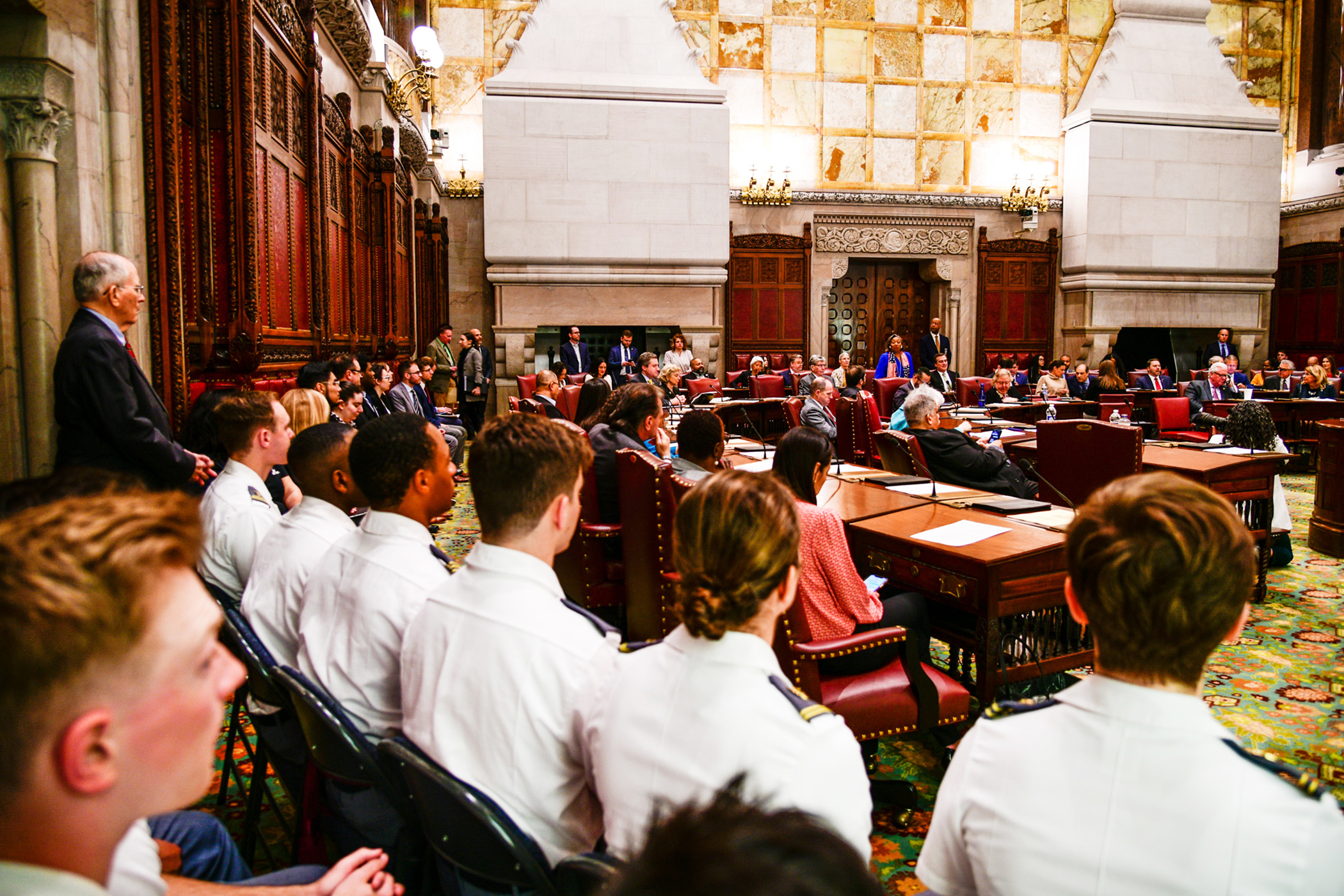 The State of New York honored members of the U.S. Military Academy during the 71st annual West Point Day in Albany on April 24.   The New York State Legislature has conducted this yearly proclamation since 1952.   The attendees included the 61st Superintendent of USMA, Lt. Gen Steven W. Gilland, the Cadet First Captain Lauren Drysdale, USMA staff members, a USMA chaplain and 11 native New York State cadets.   (Photo by Sgt. 1st Class Luisito Brooks/USMA PAO)