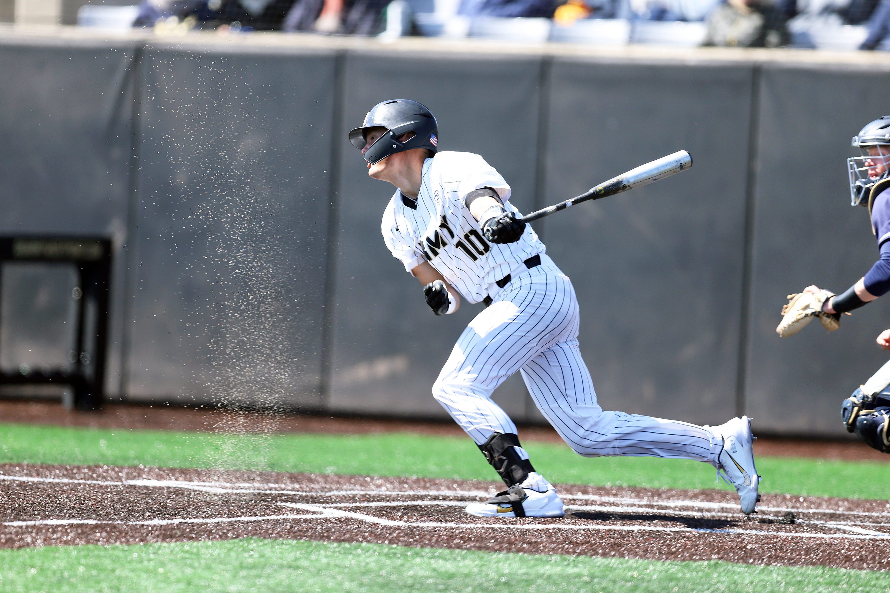 The Army West Point baseball team (15-12, 6-2 PL) defeated the Navy Midshipmen (14-15, 7-5, PL) 2-1 in Game 1 of April 3's doubleheader. Army's Addison Ainsworth secured the win for the Black Knights with a walk-off double in the bottom of the 10th inning. In Game 2, the Black Knights defeated the Midshipmen 5-0. Sam Ruta went 2-for-3, while scoring a run, three RBIs, a three-run home run and a double.   (Photo by Mady Salvani/Army Athletic Communications)