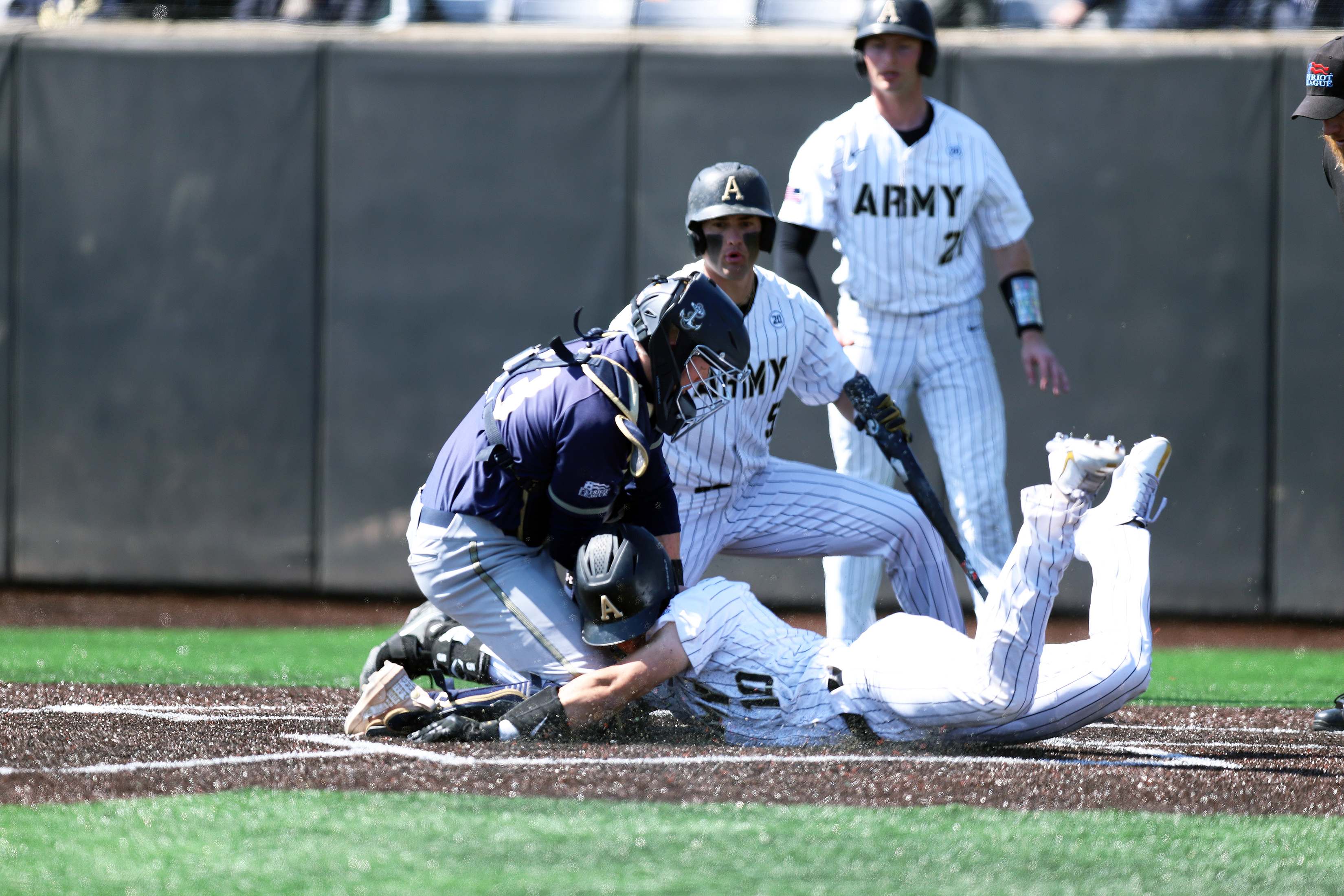 The Army West Point baseball team (15-12, 6-2 PL) defeated the Navy Midshipmen (14-15, 7-5, PL) 2-1 in Game 1 of April 3's doubleheader. Army's Addison Ainsworth secured the win for the Black Knights with a walk-off double in the bottom of the 10th inning. In Game 2, the Black Knights defeated the Midshipmen 5-0. Sam Ruta went 2-for-3, while scoring a run, three RBIs, a three-run home run and a double.   (Photo by Mady Salvani/Army Athletic Communications)