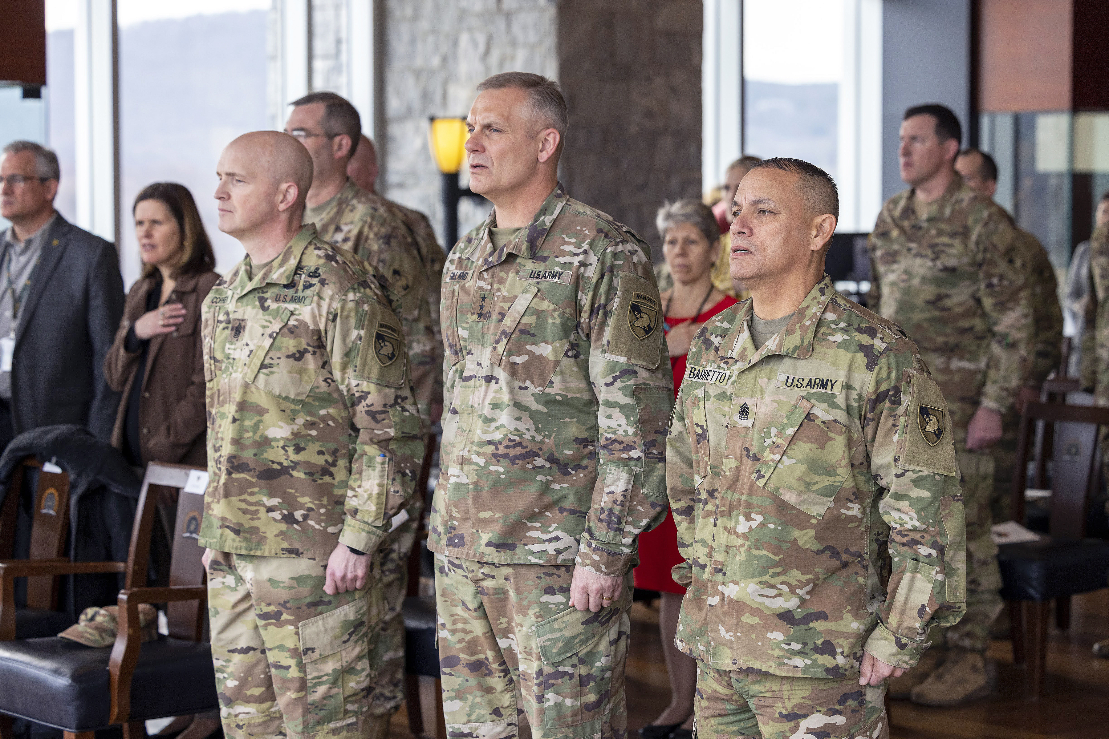 Command Sgt. Maj. Phil K. Barretto took accountability of the U.S. Military Academy command sergeant major position from Command Sgt. Maj. Michael J. Coffey during the USMA Change of Responsibility ceremony March 31 in the Haig Room at Jefferson Library. Barretto becomes the 22nd USMA command sergeant major.   (Photo by Christopher Hennen/USMA PAO)