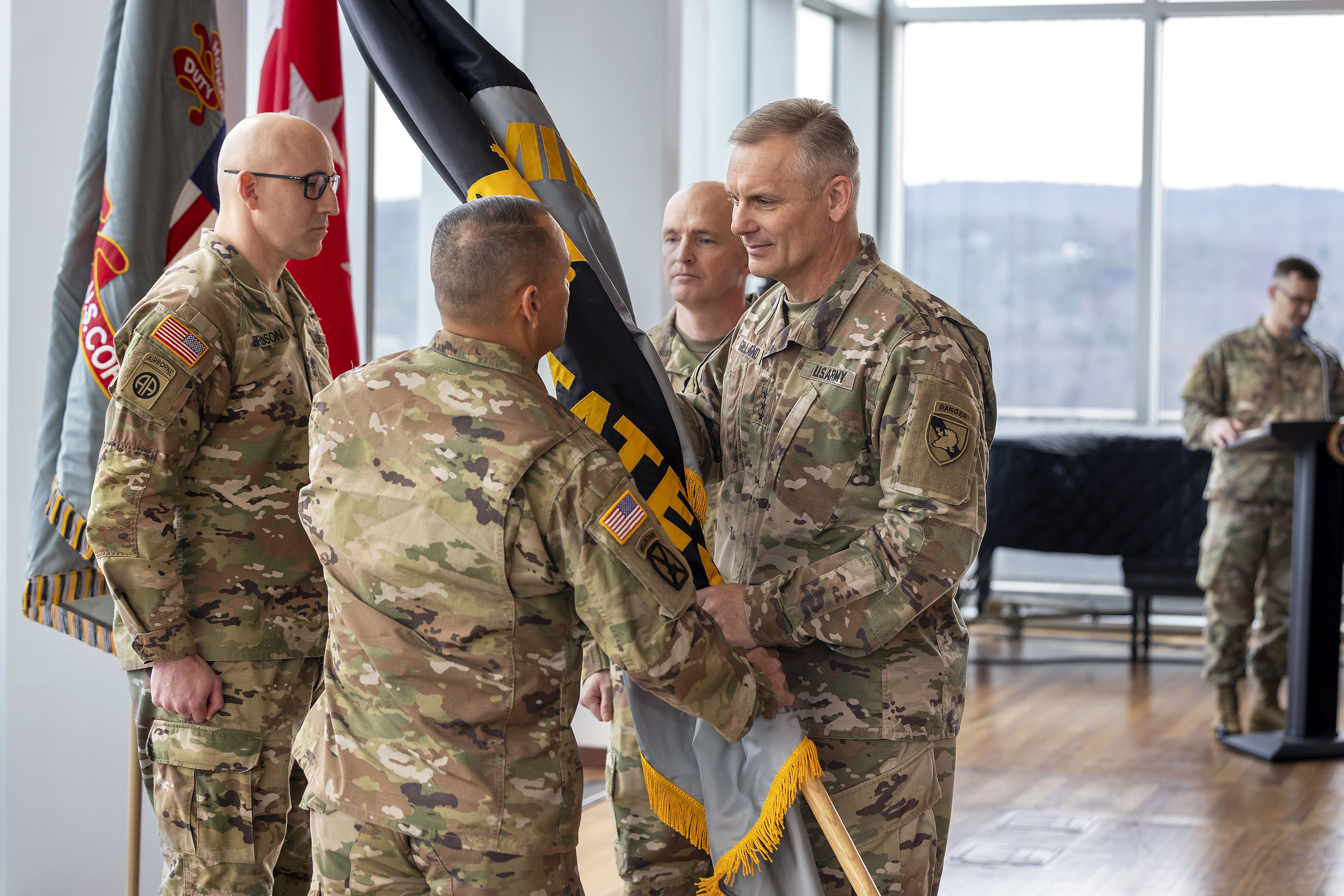 Command Sgt. Maj. Phil K. Barretto took accountability of the U.S. Military Academy command sergeant major position from Command Sgt. Maj. Michael J. Coffey during the USMA Change of Responsibility ceremony March 31 in the Haig Room at Jefferson Library. Barretto becomes the 22nd USMA command sergeant major.   (Photo by Christopher Hennen/USMA PAO)
