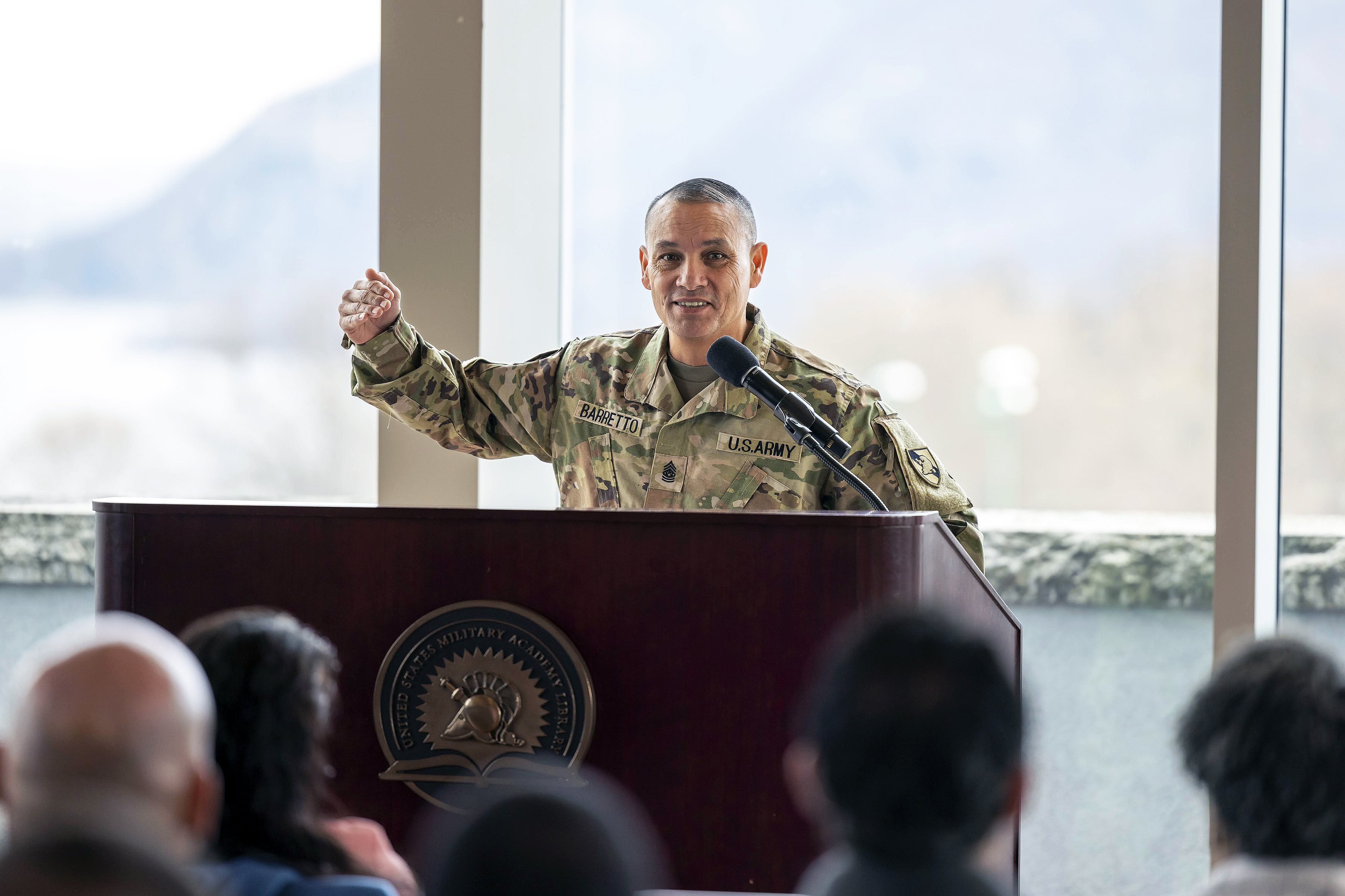 Command Sgt. Maj. Phil K. Barretto took accountability of the U.S. Military Academy command sergeant major position from Command Sgt. Maj. Michael J. Coffey during the USMA Change of Responsibility ceremony March 31 in the Haig Room at Jefferson Library. Barretto becomes the 22nd USMA command sergeant major.   (Photo by Christopher Hennen/USMA PAO)