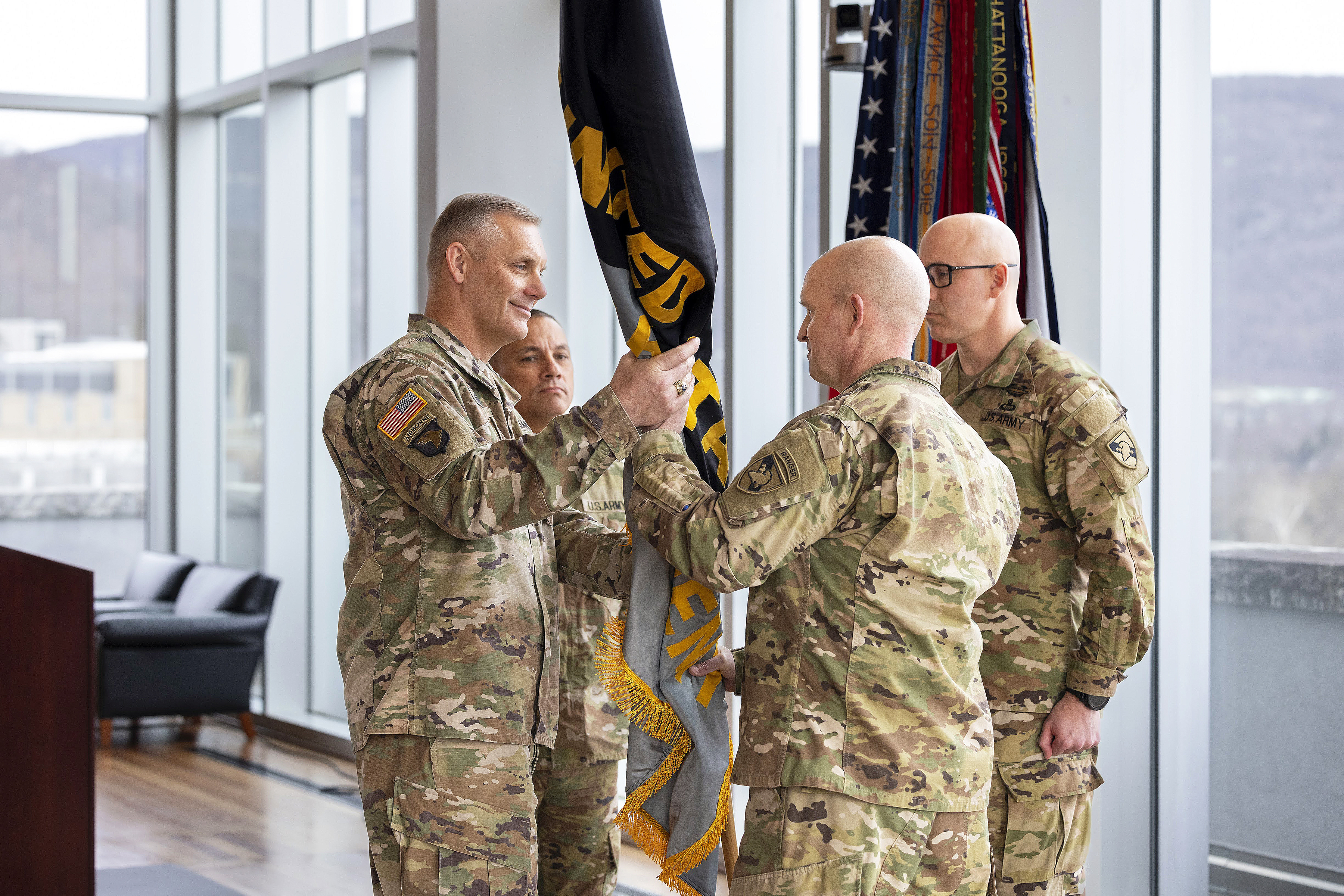 Command Sgt. Maj. Phil K. Barretto took accountability of the U.S. Military Academy command sergeant major position from Command Sgt. Maj. Michael J. Coffey during the USMA Change of Responsibility ceremony March 31 in the Haig Room at Jefferson Library. Barretto becomes the 22nd USMA command sergeant major.   (Photo by Christopher Hennen/USMA PAO)