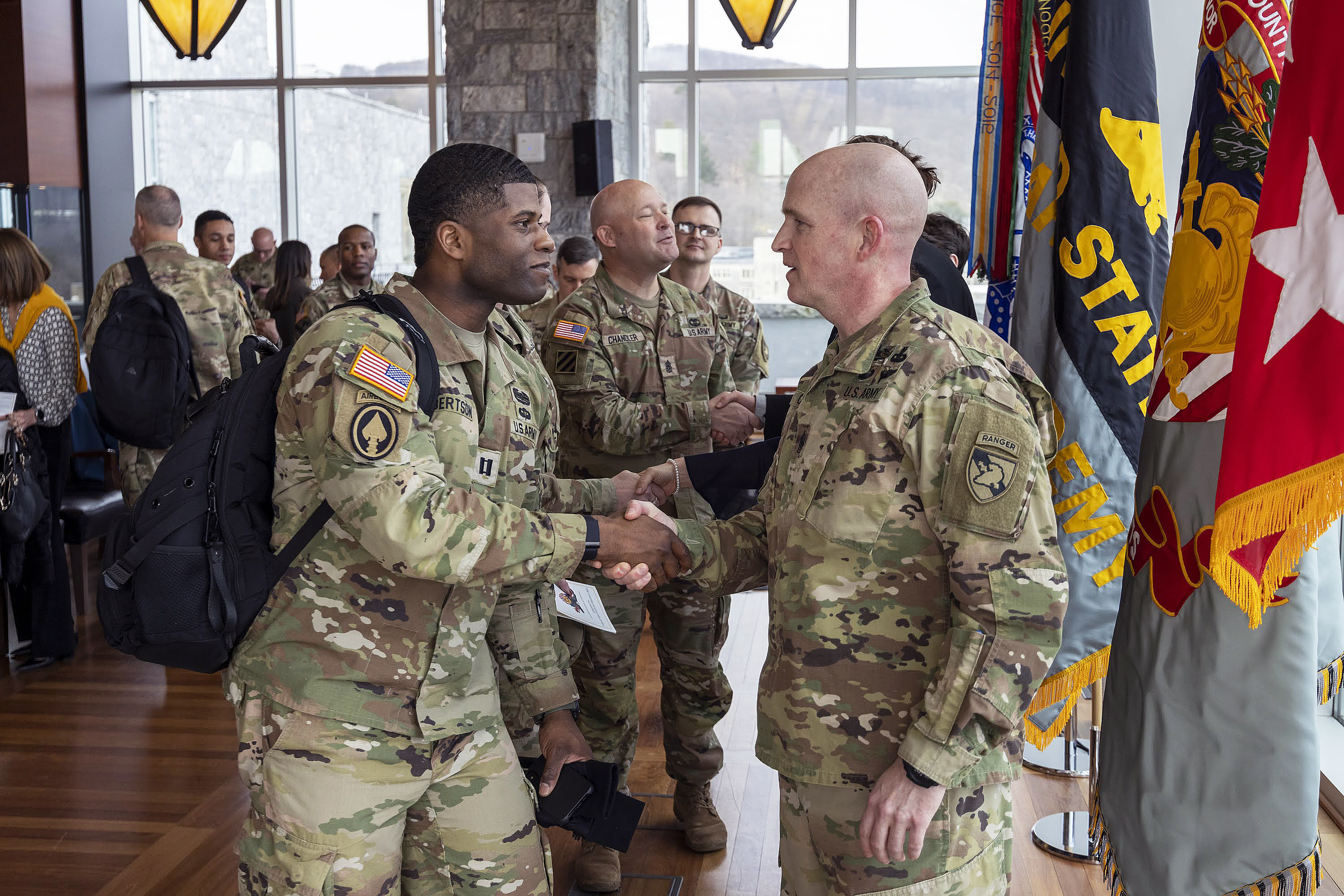 Command Sgt. Maj. Phil K. Barretto took accountability of the U.S. Military Academy command sergeant major position from Command Sgt. Maj. Michael J. Coffey during the USMA Change of Responsibility ceremony March 31 in the Haig Room at Jefferson Library. Barretto becomes the 22nd USMA command sergeant major.   (Photo by Christopher Hennen/USMA PAO)