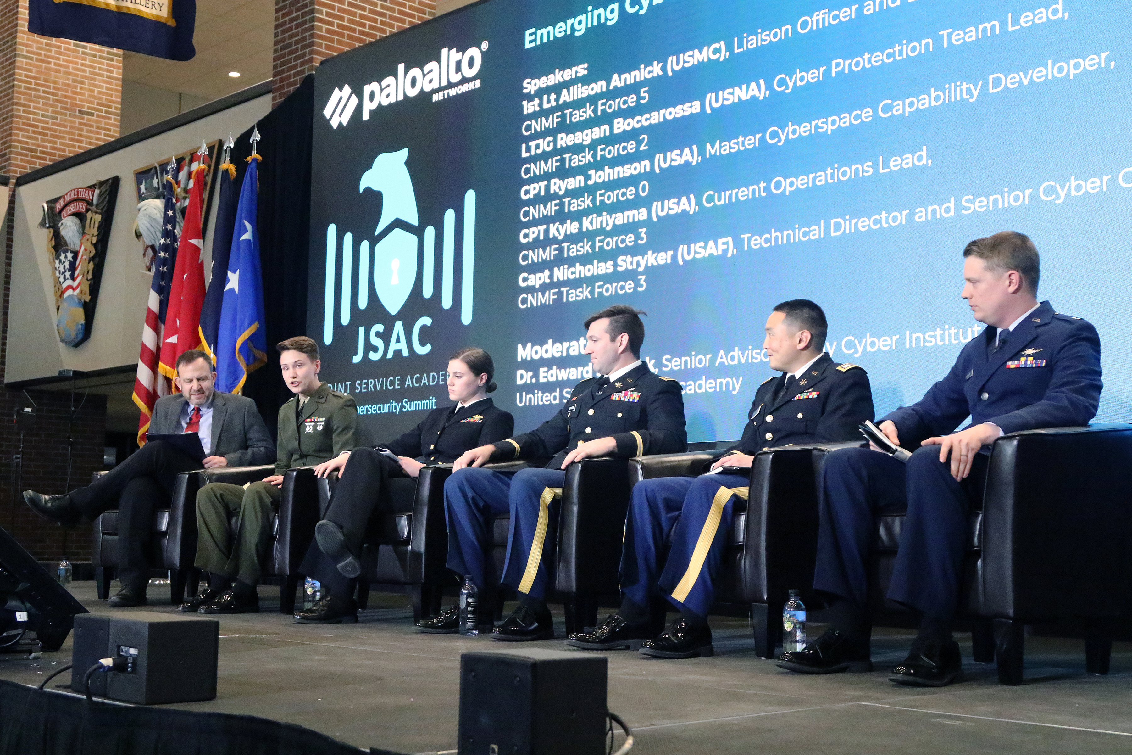 The U.S. Military Academy, on behalf of Palo Alto Networks, Inc., hosted the 2023 Joint Service Academy Cybersecurity Summit (JSAC) on April 4-5 at Crest Hall in Eisenhower Hall. Founded in 2015, JSAC brings together senior cyber experts and leaders from across industry, military and government to discuss issues of the day, what has gone right and what has gone wrong in cybersecurity in recent years and the way forward in the cyber world, especially with the eyes and ears of academy cadets and midshipmen