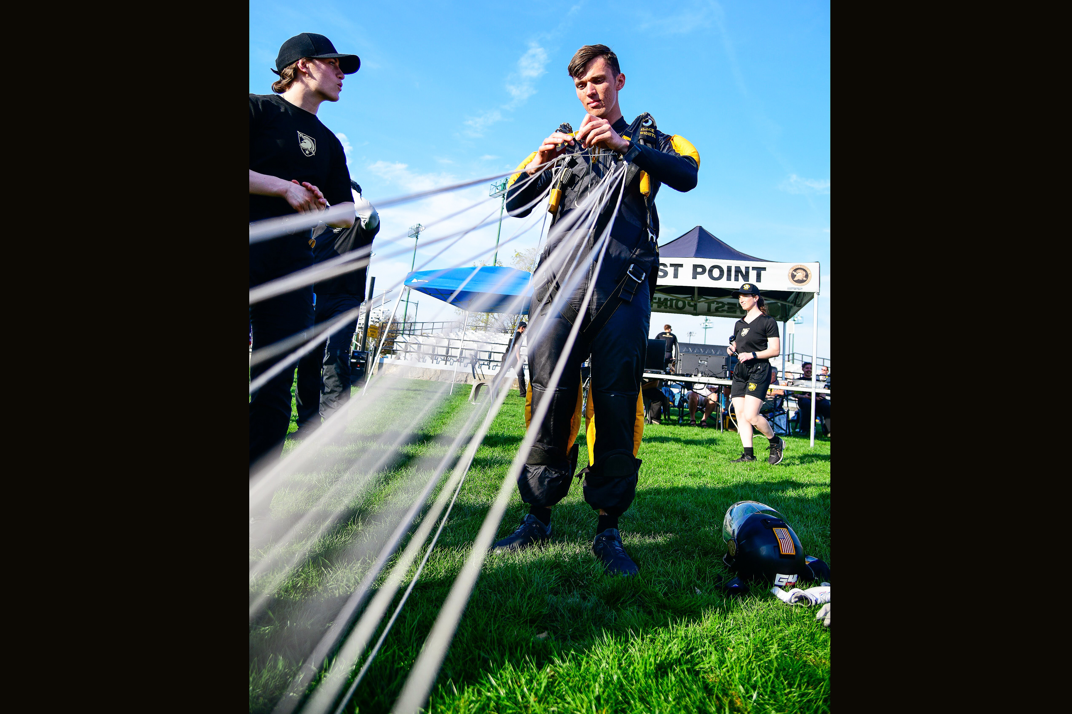 The West Point Parachute Team hosted an Interservice Academy Meet with the U.S. Air Force Academy and U.S. Naval Academy parachute teams from April 13-15 at the Parade Field on The Plain.    (Photo by Sgt. 1st Class Luisito Brooks/USMA PAO)