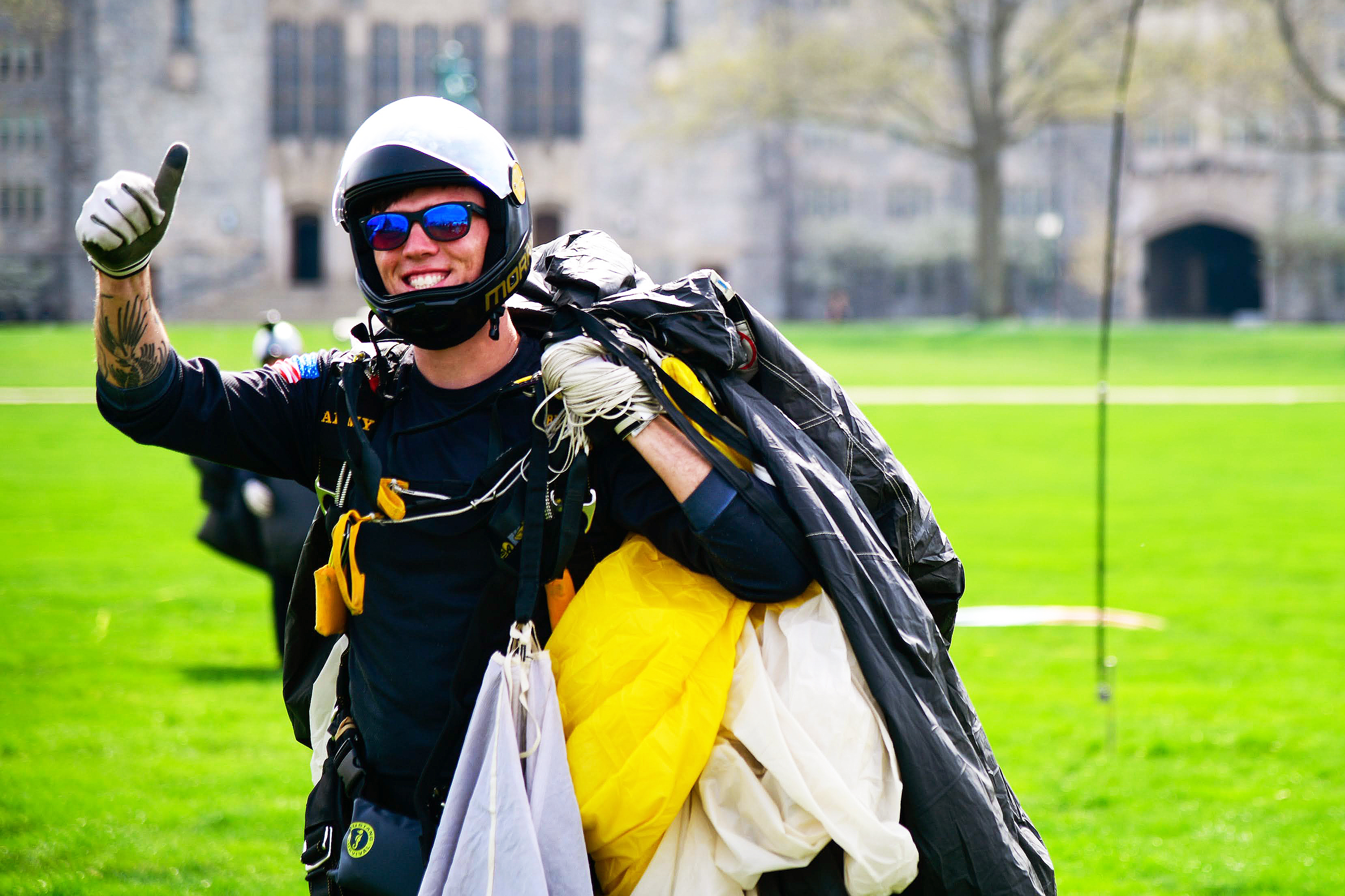 The West Point Parachute Team hosted an Interservice Academy Meet with the U.S. Air Force Academy and U.S. Naval Academy parachute teams from April 13-15 at the Parade Field on The Plain.    (Photo by Sgt. 1st Class Luisito Brooks/USMA PAO)