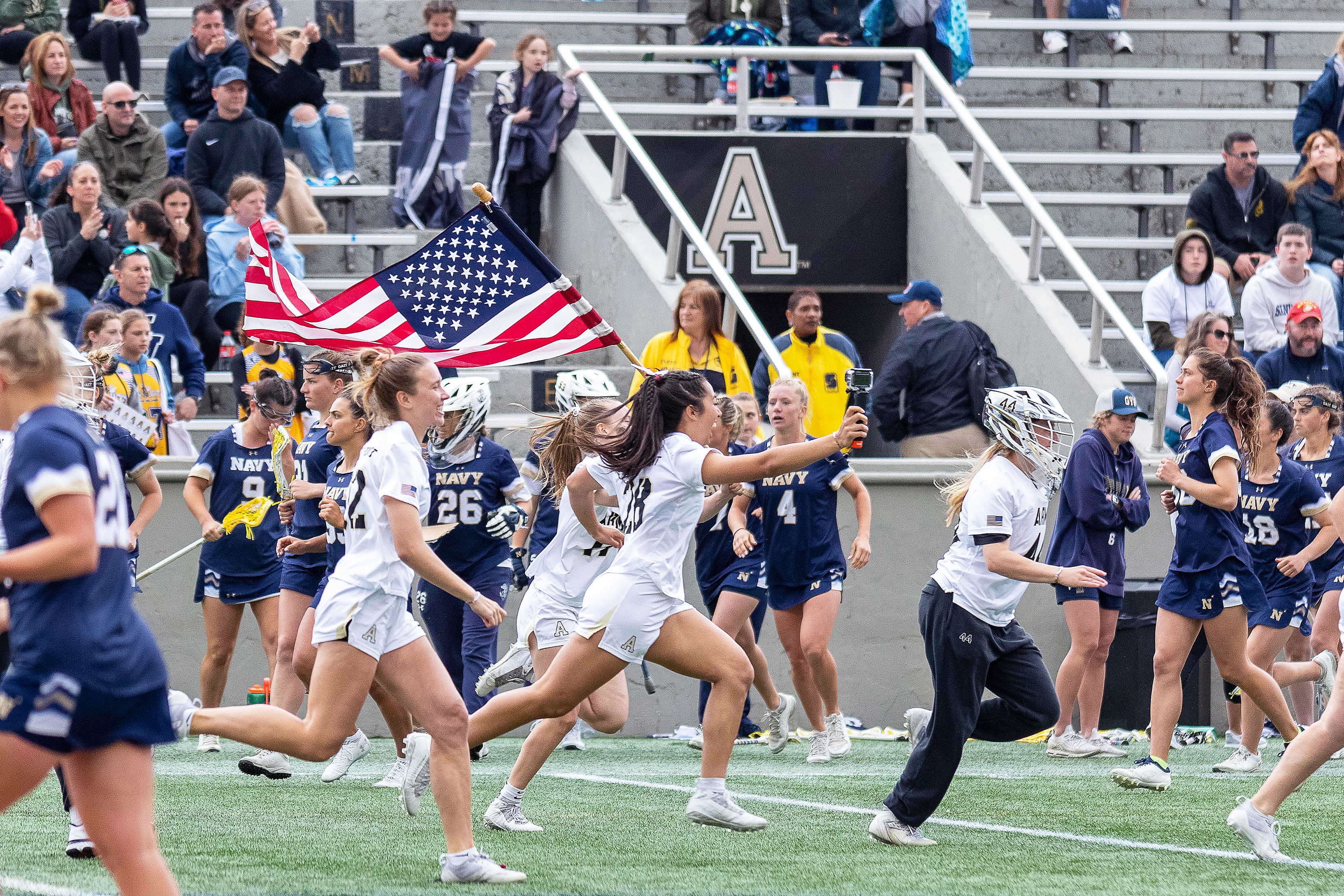No. 16 Army West Point women's lacrosse (13-2, 7-1 Patriot League) defeated archrival No. 23 Navy (12-4, 6-2 Patriot League) by a score of 15-11 from Michie Stadium on April 22.  Plebe Allison Reilly delivered an all-time performance for the Black Knights, setting new single-game program records with nine goals scored and 12 points total with her three assists. One of four freshman in the starting lineup, Lindsey Serafine made nine saves in the cage while making her second career start.   (Photo by Class of