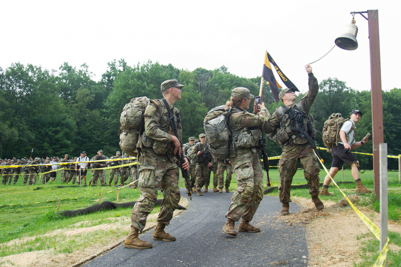 Members of the U.S. Military Academy Class of 2025 completed Cadet Basic Training Monday as they marched back from Lake Frederick stopping at the Victor Constant Ski Slope for a brief rest and to hydrate. It is tradition for those completing CBT to ring the bell on the golf course as they march to West Point. 	  Photo by Jorge Garcia/PV