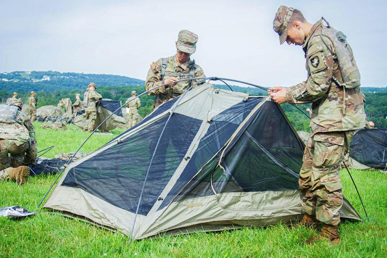 (Above) More than 1,200 new cadets descended on Lake Frederick during March Out on Tuesday for an historical experience that has not been conducted since 2009 as they set up “Tent City.” The new cadets spent hours assembling their bivouacs and organizing their equipment (left and right) in preparation for the remaining key Soldier skills tests as part of their final Field Training Exercise that includes Mountaineering, Leader Reaction Course and the Long Gray Line Starts Here event. Additionally, they will 