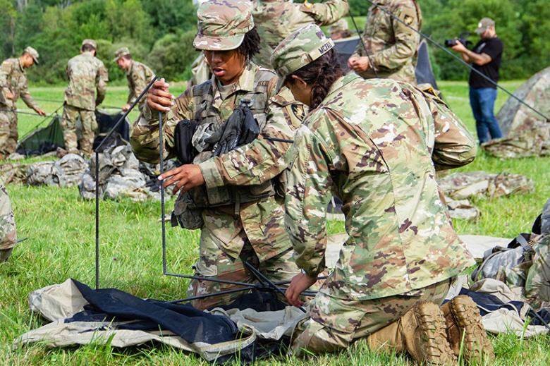 (Above) More than 1,200 new cadets descended on Lake Frederick during March Out on Tuesday for an historical experience that has not been conducted since 2009 as they set up “Tent City.” The new cadets spent hours assembling their bivouacs and organizing their equipment (left and right) in preparation for the remaining key Soldier skills tests as part of their final Field Training Exercise that includes Mountaineering, Leader Reaction Course and the Long Gray Line Starts Here event. Additionally, they will 