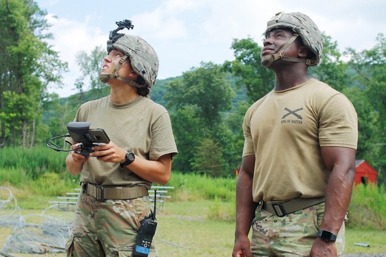 Class of 2023 Cadet Kendall Mitchell (left) and Class of 2024 Cadet Nana Sarpong (right) collaborate during the event to detect enemy positions at Camp Shea during the CLDT drone training.     (Photo by Jorge Garcia/PV)