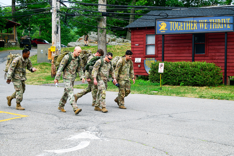 As part of a Sergeant Audie Murphy Award Board, members of Task Force Leader participated in a six-mile ruck march, while carrying a 35-pound ruck sack, on July 25 at Camp Buckner. The SAMA is an award for noncommissioned officers whose leadership achievements and performance merit special recognition. 	Photo by Sgt. 1st Class Luisito Brooks/USMA PAO