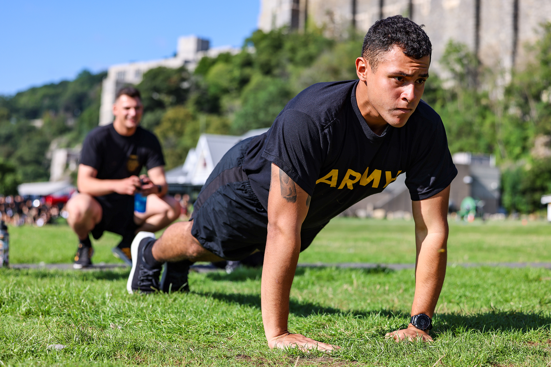 U.S. Military Academy 1st and 2nd class cadets completed their first Army Combat Fitness Test (ACFT) of the academic year Aug. 19 at South Dock. To pass the ACFT, it requires the cadets to get a passing grade in a two-mile run; the plank; push-ups; sprint, drag and carry; ball toss; and dead lift.  (Photo by SFC Luisito Brooks/USMA PAO)