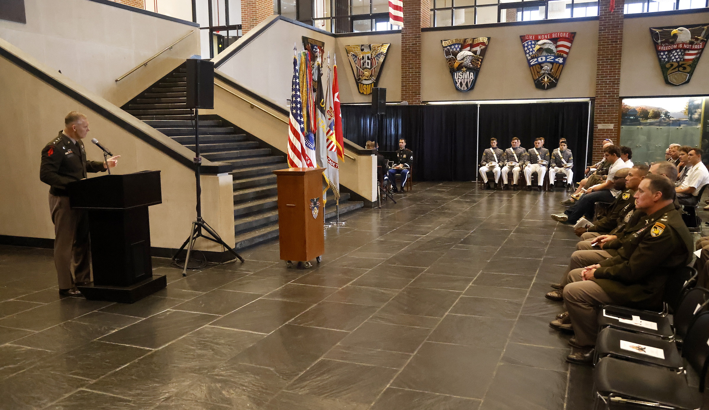 The U.S. Military Academy held an August Graduation and Commissioning Ceremony for seven members of the Class of 2023 at Crest Hall Aug. 3. USMA Superintendent Lt. Gen. Steven W. Gilland was the commencement speaker as Class of 2023 Cadets Miguel Aquino III, Vaughn Campbell, Armando Flores IV, William Foran, Owen Grile, Luke Hester and Madeleine Wilkes all received their diplomas. They all commissioned as officers and received their second lieutenant bars expect one graduate due to injury. Members of the US
